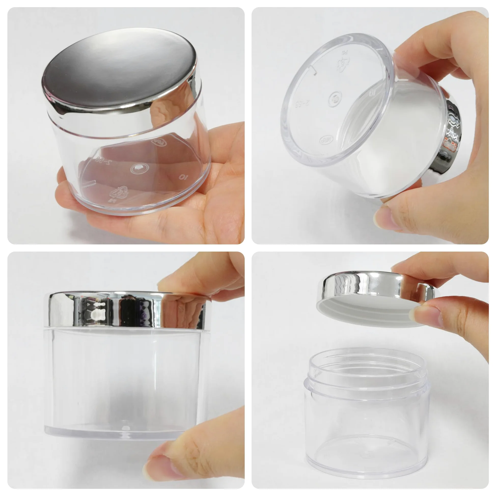 Beauticom 60 g/60 ml Premium redondo transparente a prueba de fugas de plástico frascos para almacenamiento de viaje maquillaje cosmético loción exfoliantes cremas aceites ungüentos plata