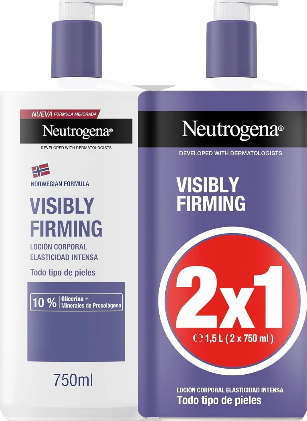 Neutrogena Fórmula Noruega Loción Corporal Visiblemente Reafirmante 2x750 ml Crema Hidratante con Glicerina y Minerales de Procolágeno