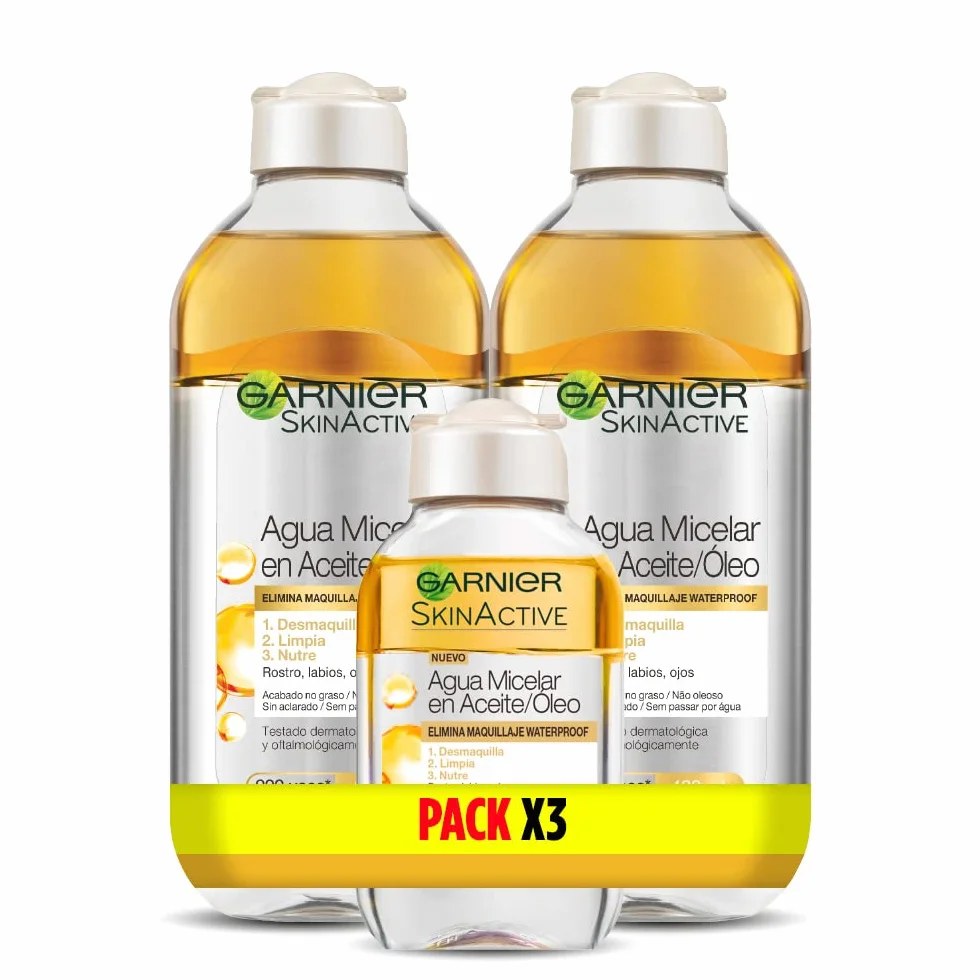 Garnier Skin Active Agua Micelar En Aceite Pack 2X400Ml +1X100Ml Desmaquillante Labios Ojos Rostro