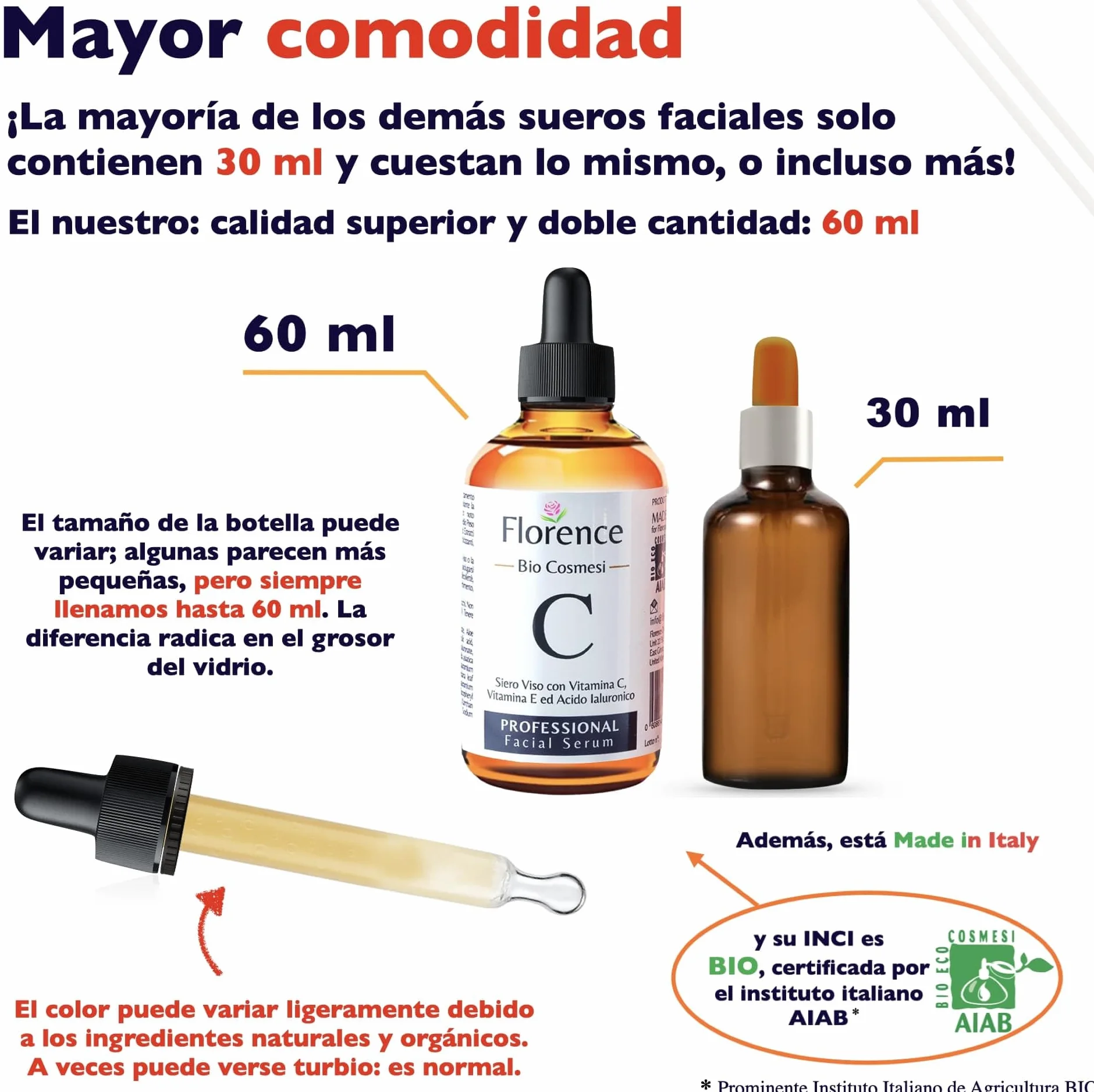 Suero Facial Orgánico Vitamina C y Ácido Hialurónico Puro Anti Edad Antiarrugas 60ml