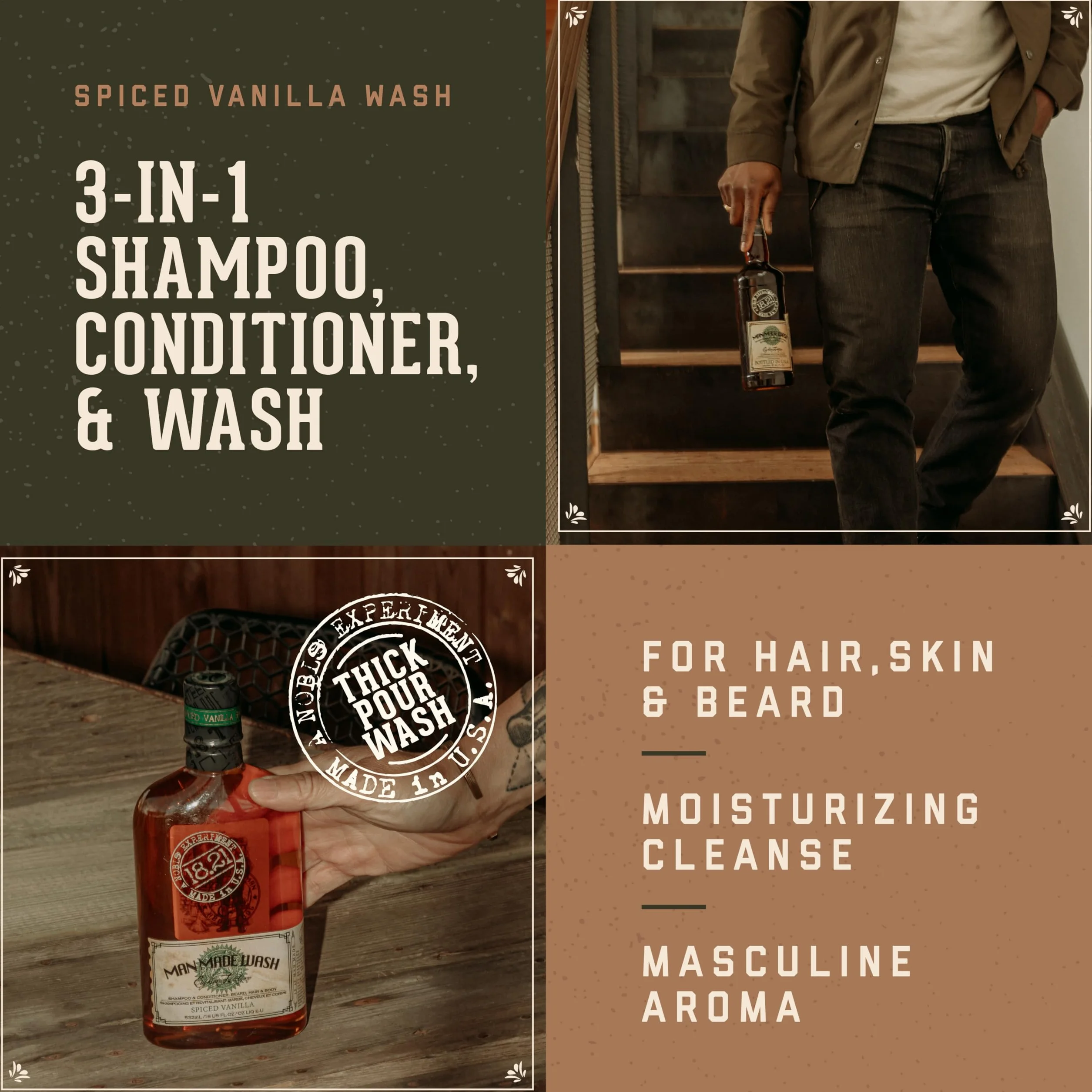 Man Made Wash - Spiced Vanilla 18.21 Man Made for Men 32 oz 3-In-1 Shampoo, Conditioner and Body Wash