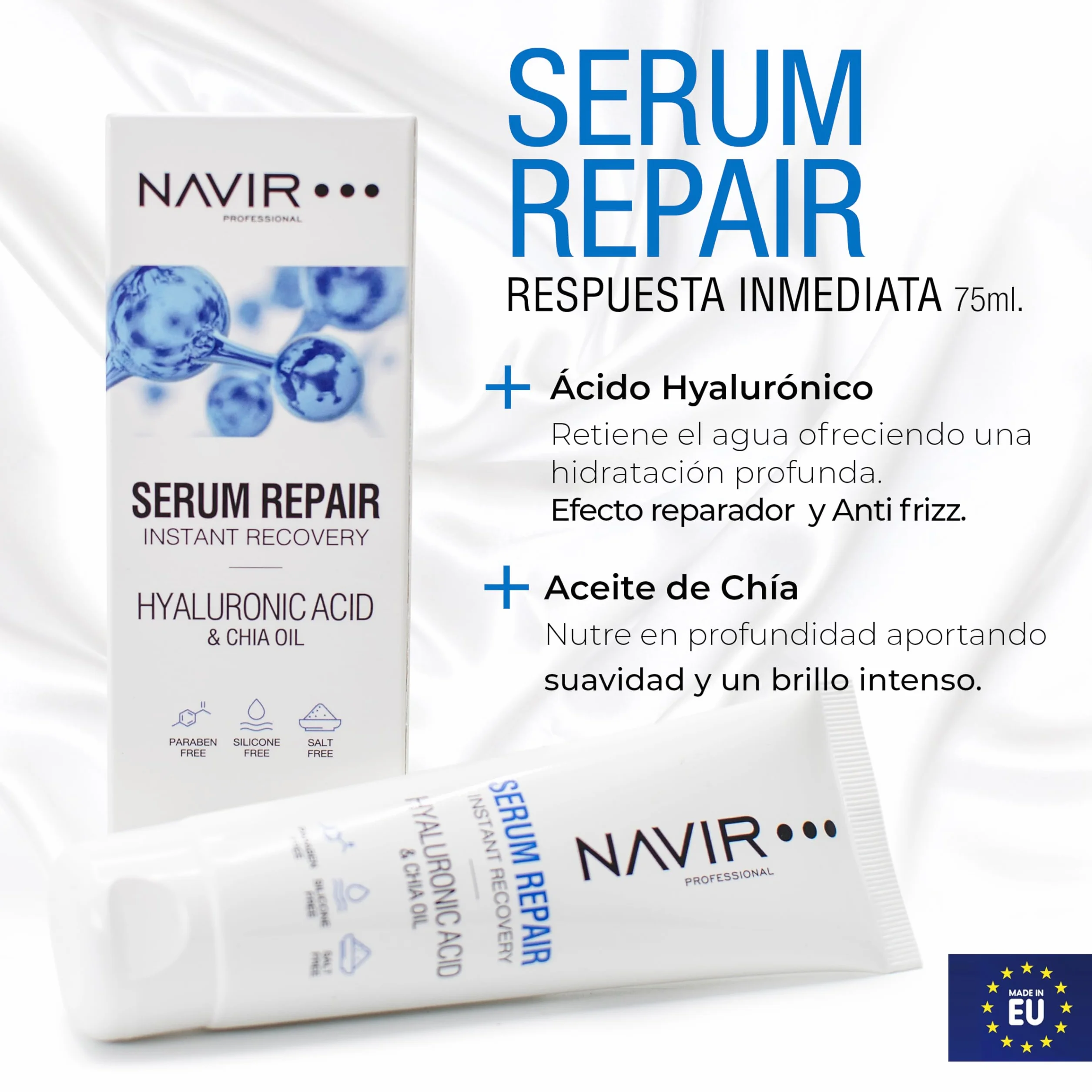 NAVIR Profesional | Sérum pelo seco y dañado con Ácido Hialurónico, Keratina y Aceite de Chía – Anti Frizz e hidratación profunda – Tratamiento hidratante cabello – Sin sulfatos ni parabenos - 75 ml