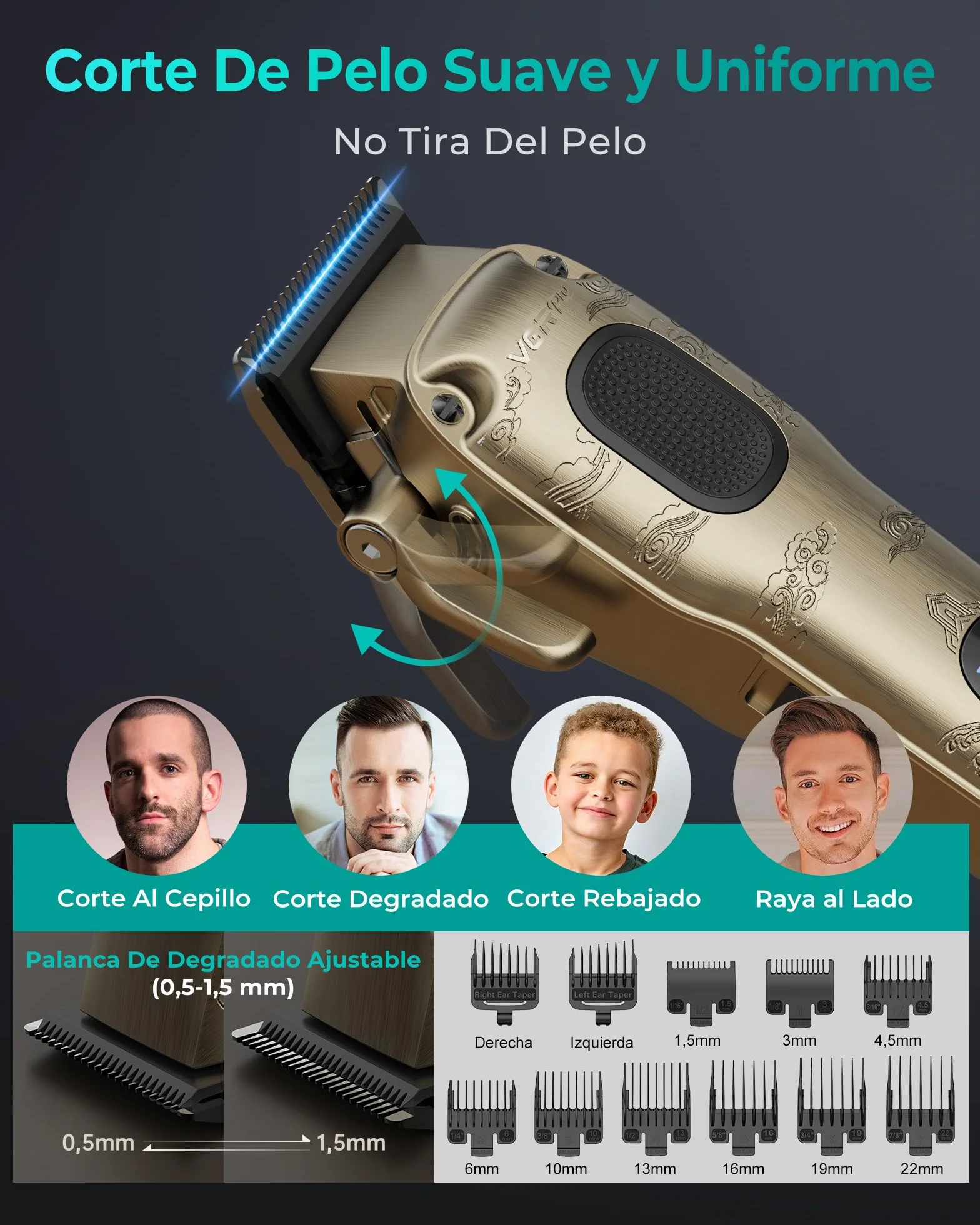 VGRPRO Profesional Máquina de Cortar Pelo Hombre Inalámbrico con Estuche LED Kit Dorado