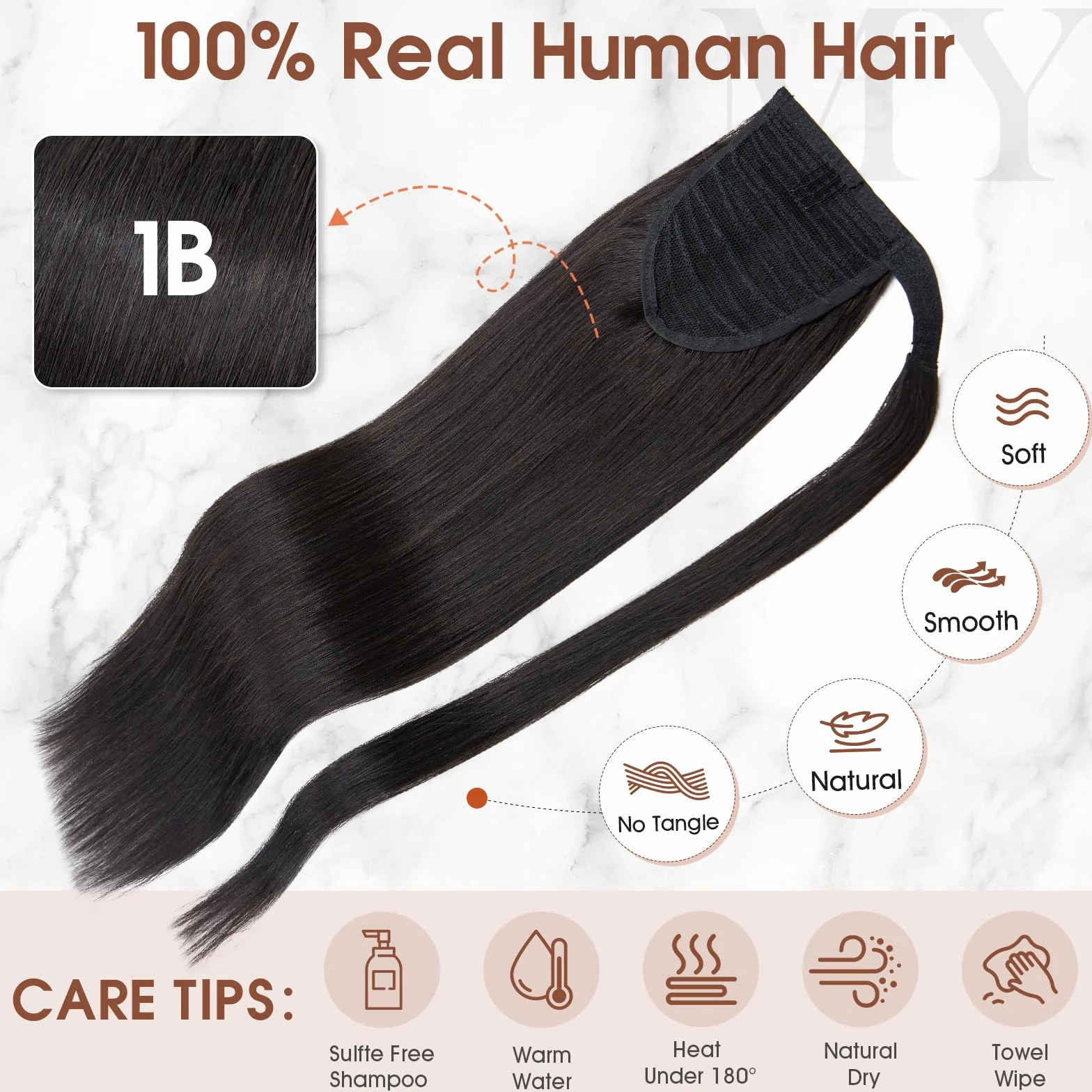 MY-LADY Coleta Postiza Pelo Natural 50cm Extensiones de Cabello Cola Humano Ponytail Liso #1B Negro Natural 95g
