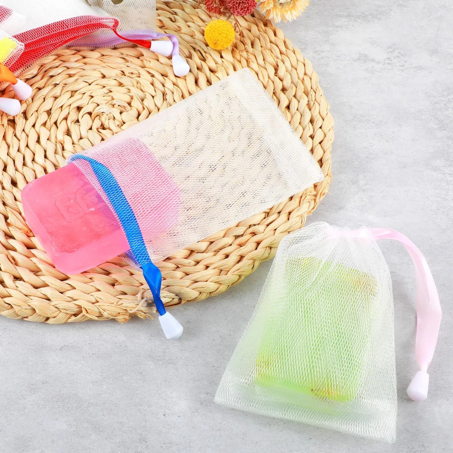 Piriuuo Bolsas de Jabón de Nailon Malla Exfoliante con Cordón para Baño y Limpieza Facial