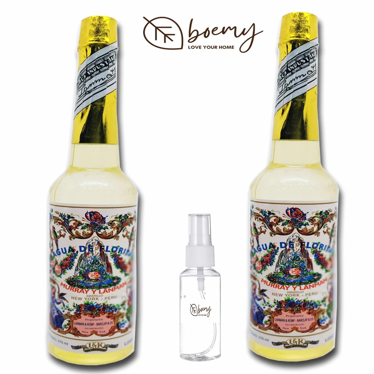 BOEMY Florida Agua de Perú Original Set 2 Botellas 270 ml + Dosificador Spray