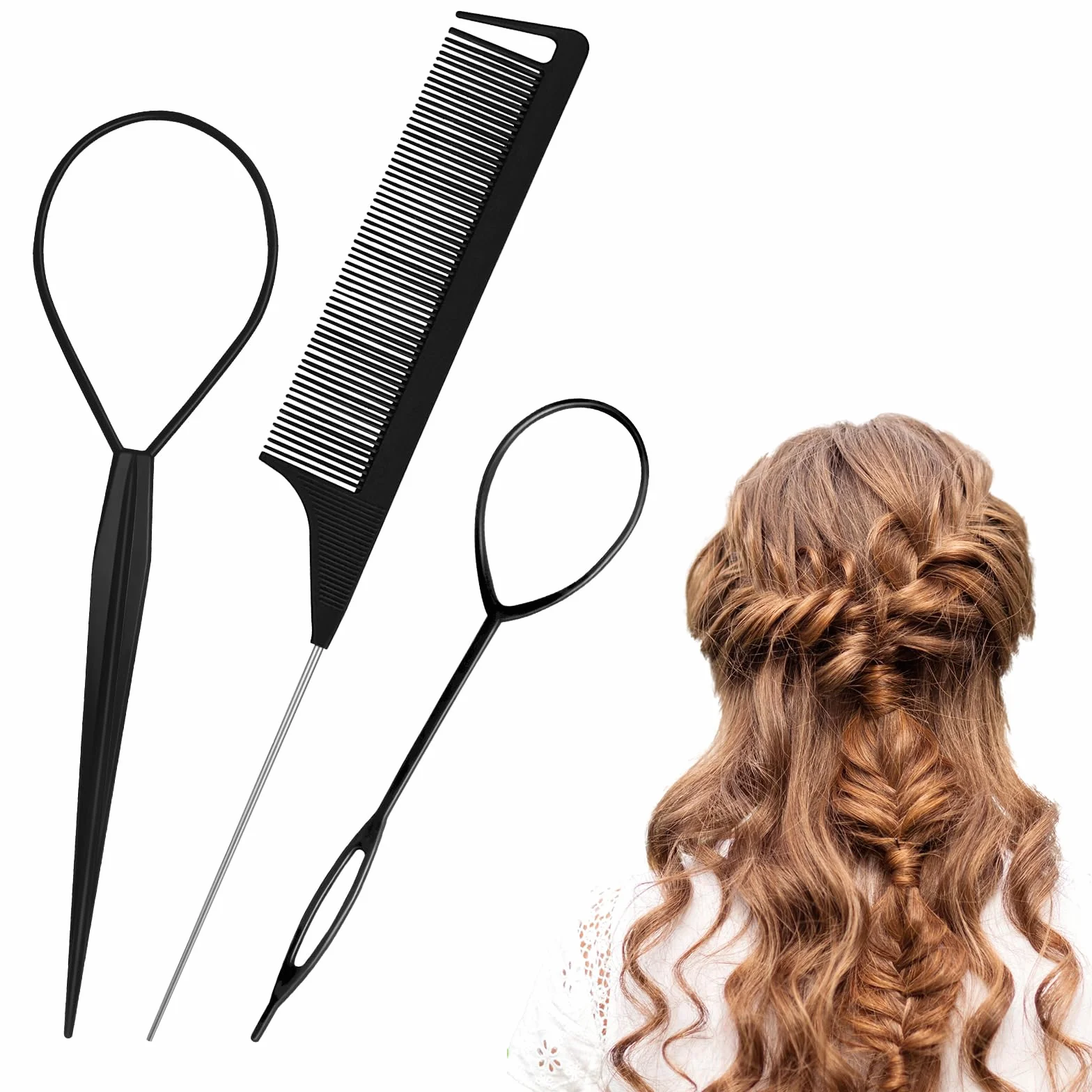 Set de Peinado: 3 Piezas Aguja para Cabello, Peines de Cola, Pasadores para Trenza Plana, Negro