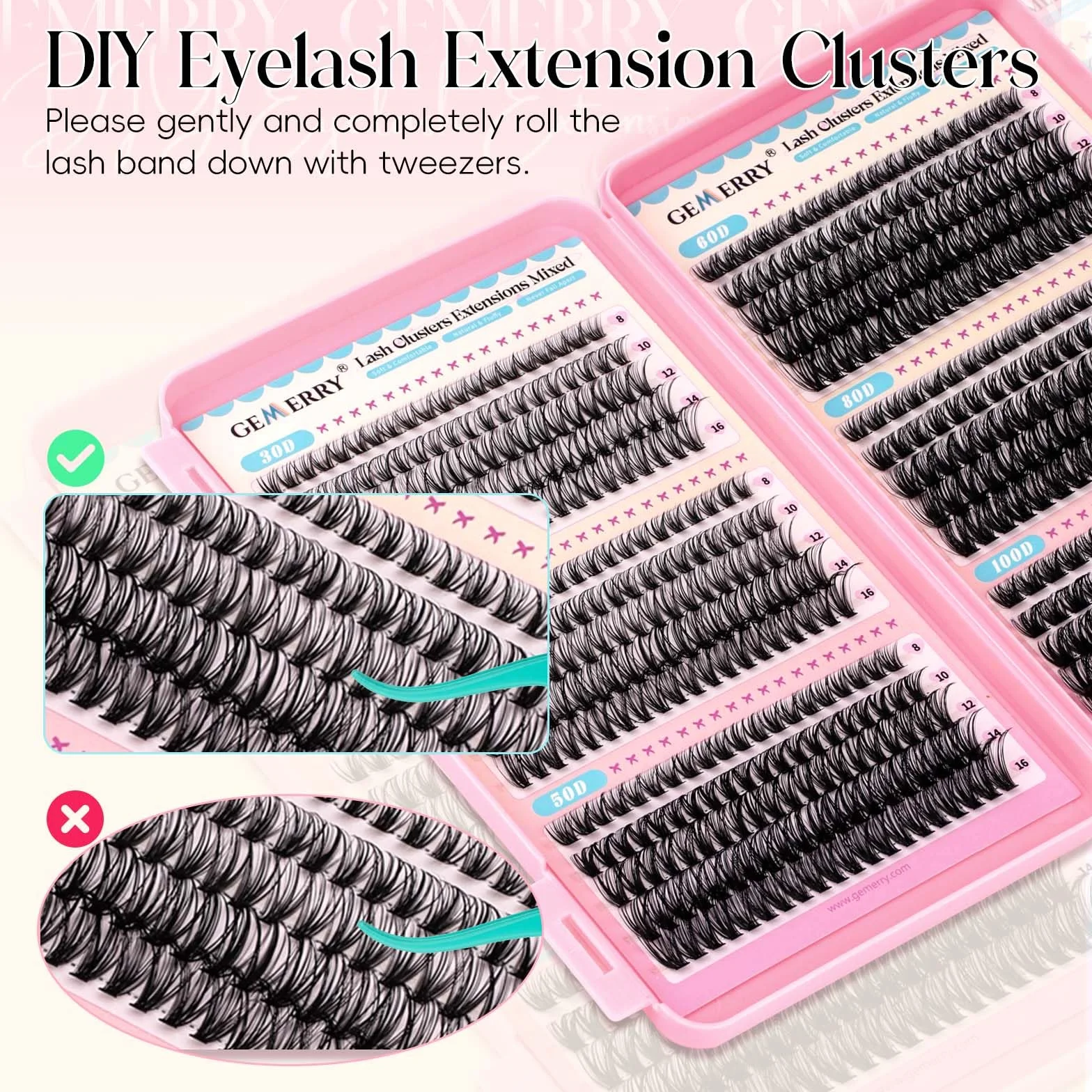 GEMERRY Pestañas Postizas D Curl 8-16mm Mix 30D-100D Pelo a Pelo Cluster Lashes
