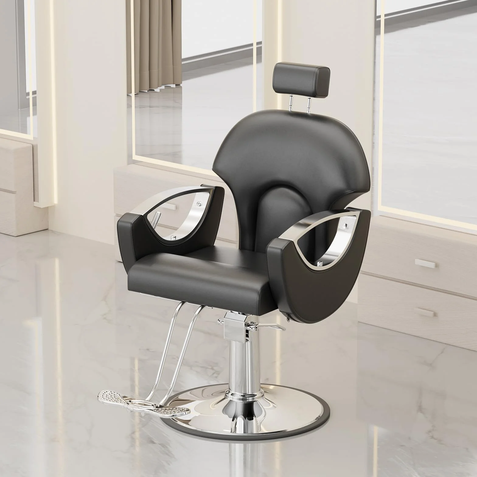 Sillón de Peluquería Reclinable Hidráulico Altura Ajustable 360° 64x59x104-119 cm Negro
