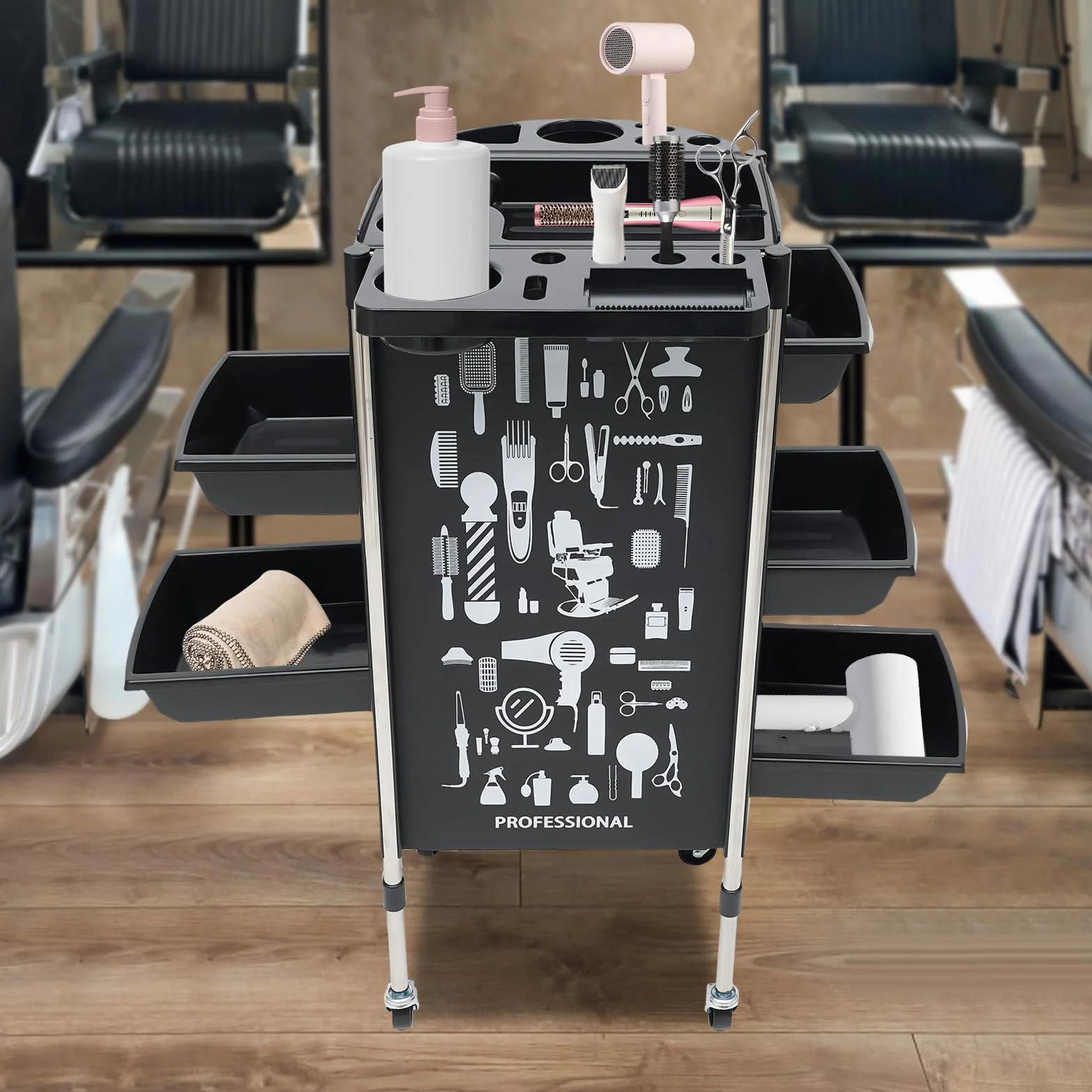 Carro de peluquería con cajones extensibles, carrito de salón de belleza con ruedas