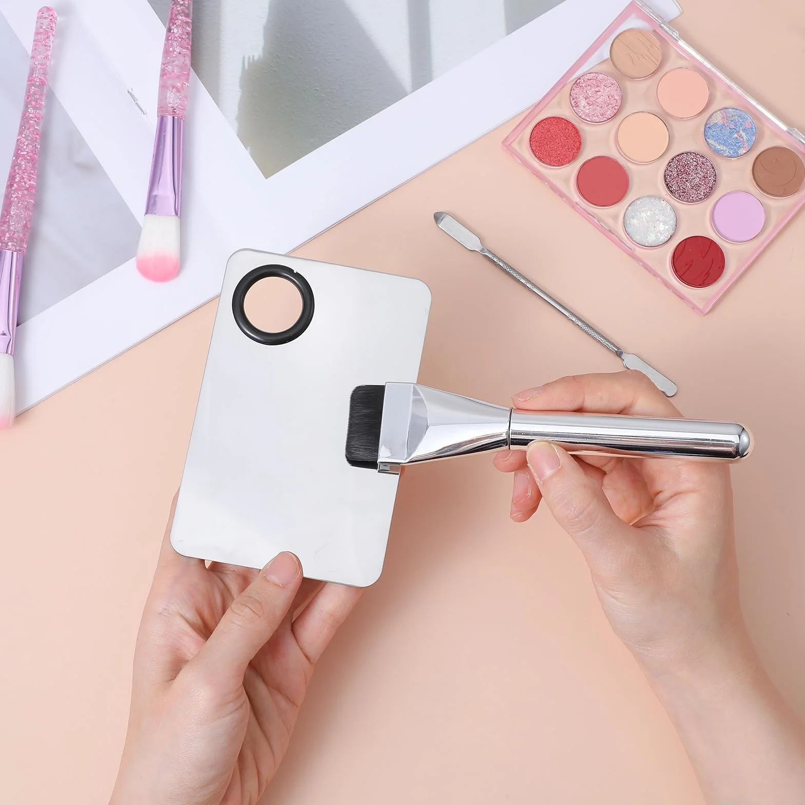 Mabor Juego de 3 Espátulas de Maquillaje, Brochas de Base y Paleta