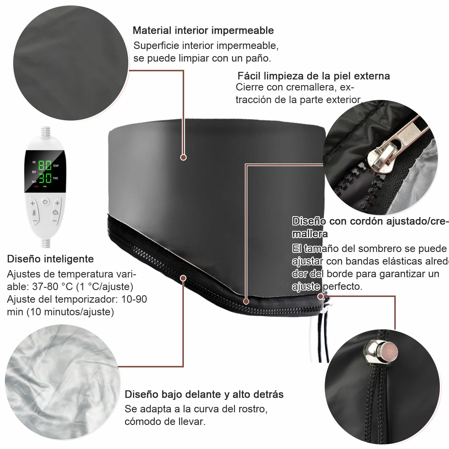 Biutee Gorro Térmico con Temporizador 10-90 Minutos Temperatura Ajustable Peluquería Spas Salones Hogar Negro
