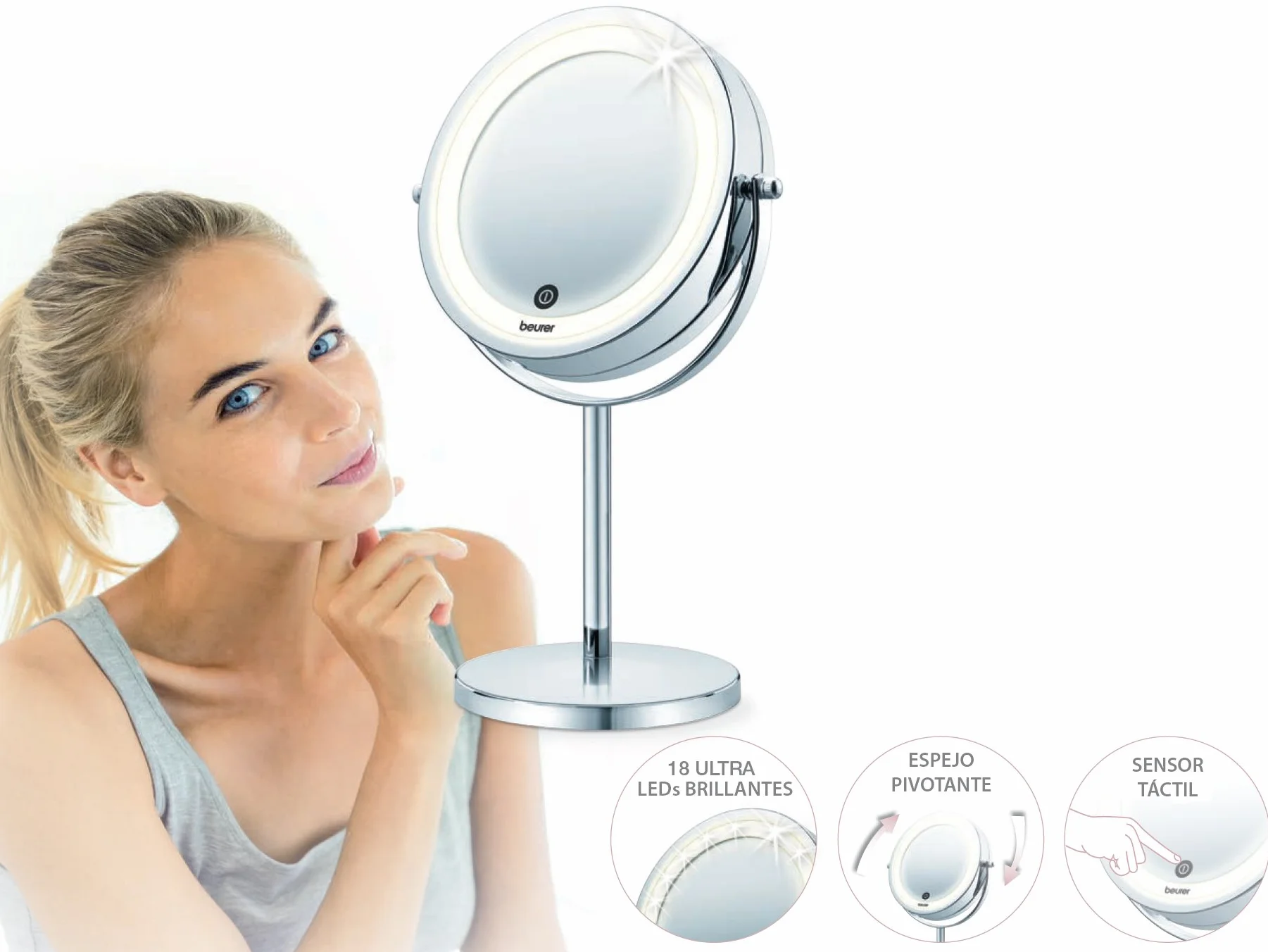 Beurer BS 55 Espejo maquillaje con luz LED brillante 18 LEDs pivotante táctil aumento x7 cromado