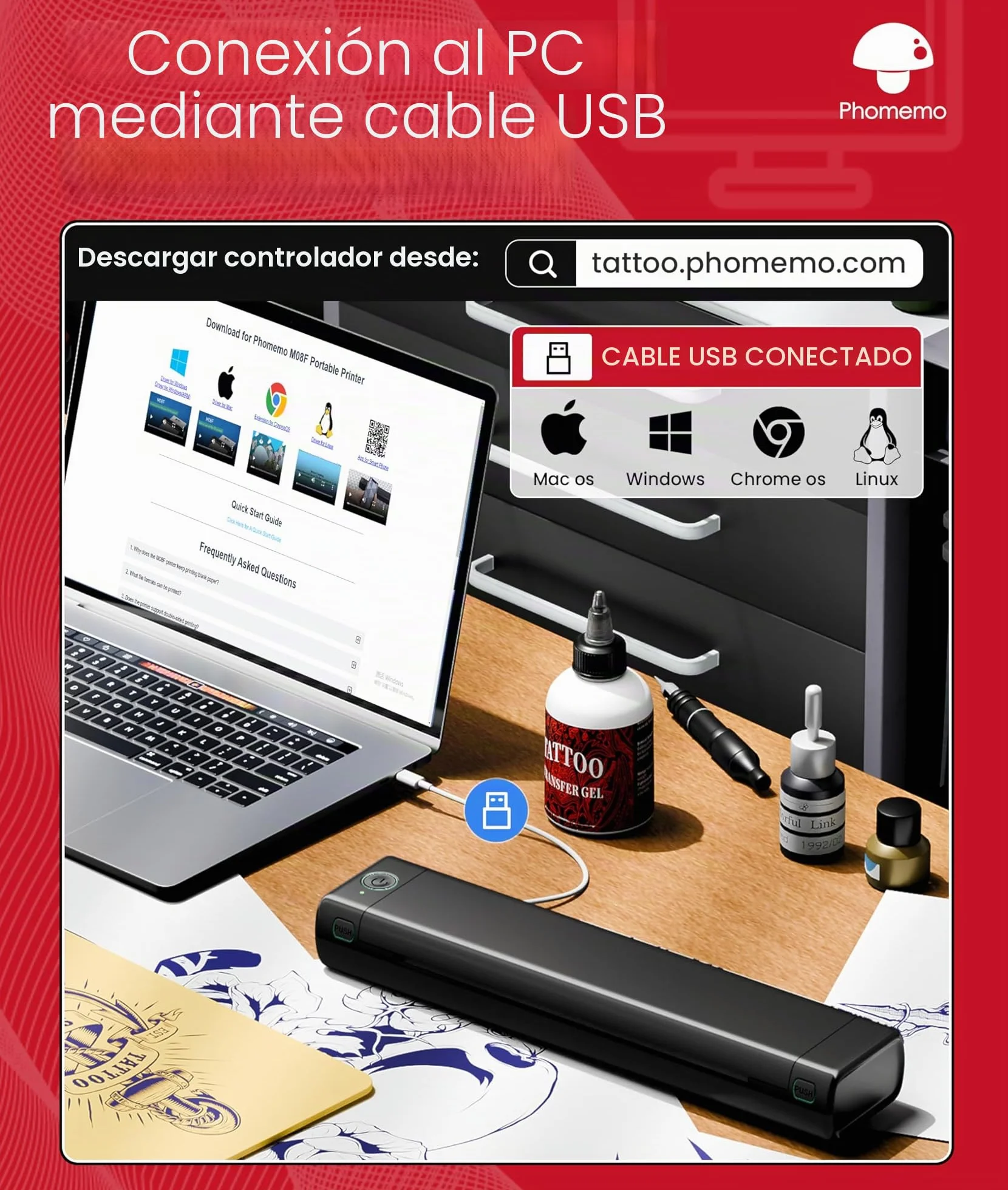 Phomemo M08F Impresora Tattoo Termocopiadora Impresora Máquinas de Tatuaje con 10pcs Termocopiadora Tatuaje Papel de Tatuaje Compatible con Teléfono Tablet PC para Artistas y Principiantes, Negro