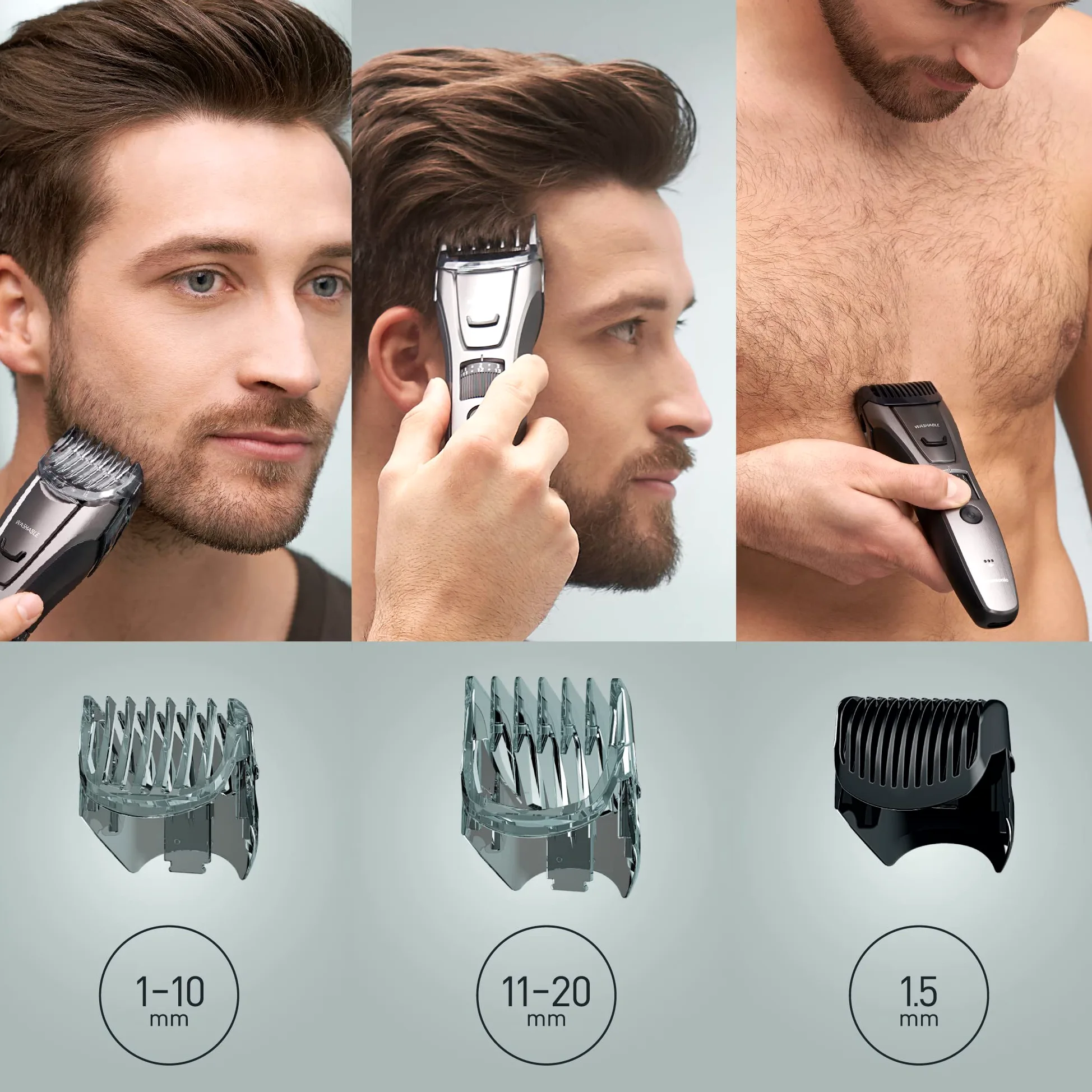 Panasonic ER-GB80-H503 Trimmer de Barba, Cabello y Cuerpo para Hombres, Afeitadora Portátil, 39 Configuraciones de Longitud, 3 Accesorios, Detallado, Operación Inalámbrica y con Cable, Plateada Oscura