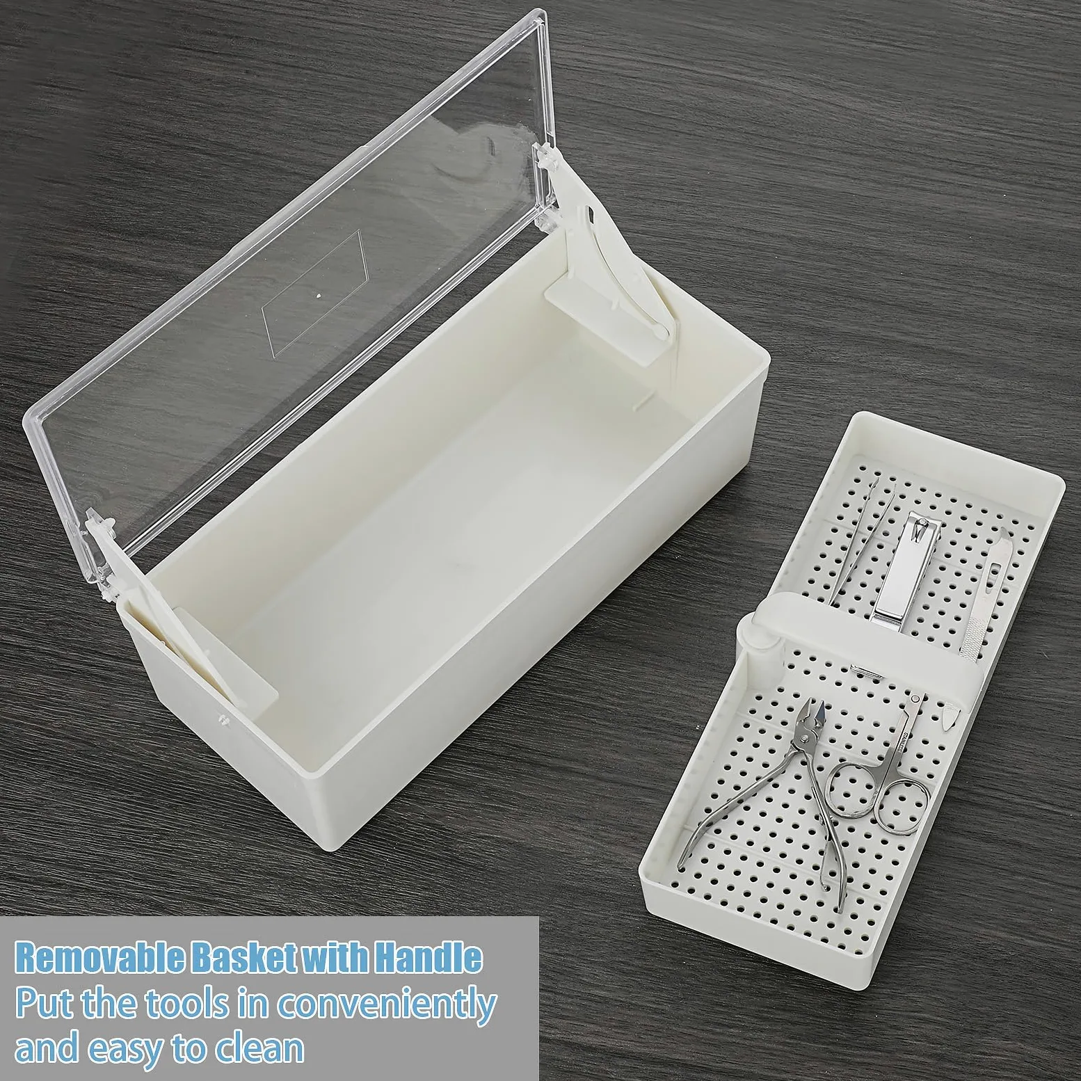 JUXYES Bandeja de esterilización de plástico para accesorios de arte de uñas, bandeja esterilizadora portátil con colador, caja de almacenamiento para pinzas, herramientas de manicura, herramienta de