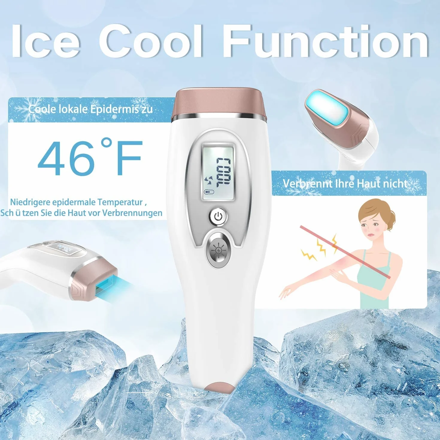 Depiladora Láser IPL con Enfriamiento por Hielo, 999.999 Pulsos, Depilación Permanente Indolora para Cuerpo, Cara, Bikini y Axilas
