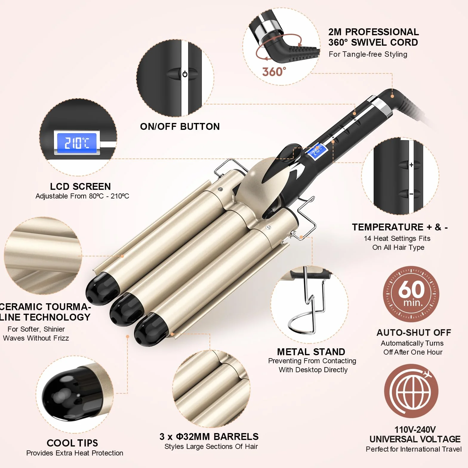 Rizador de pelo 32MM, AIMERVO ONDAS SUELTAS Plancha waves, Placas de cerámica y turmalina, Pantalla digital LCD 14 niveles de temperatura entre 80–210 °C, Desconexión Curler automática tras 60 minutos
