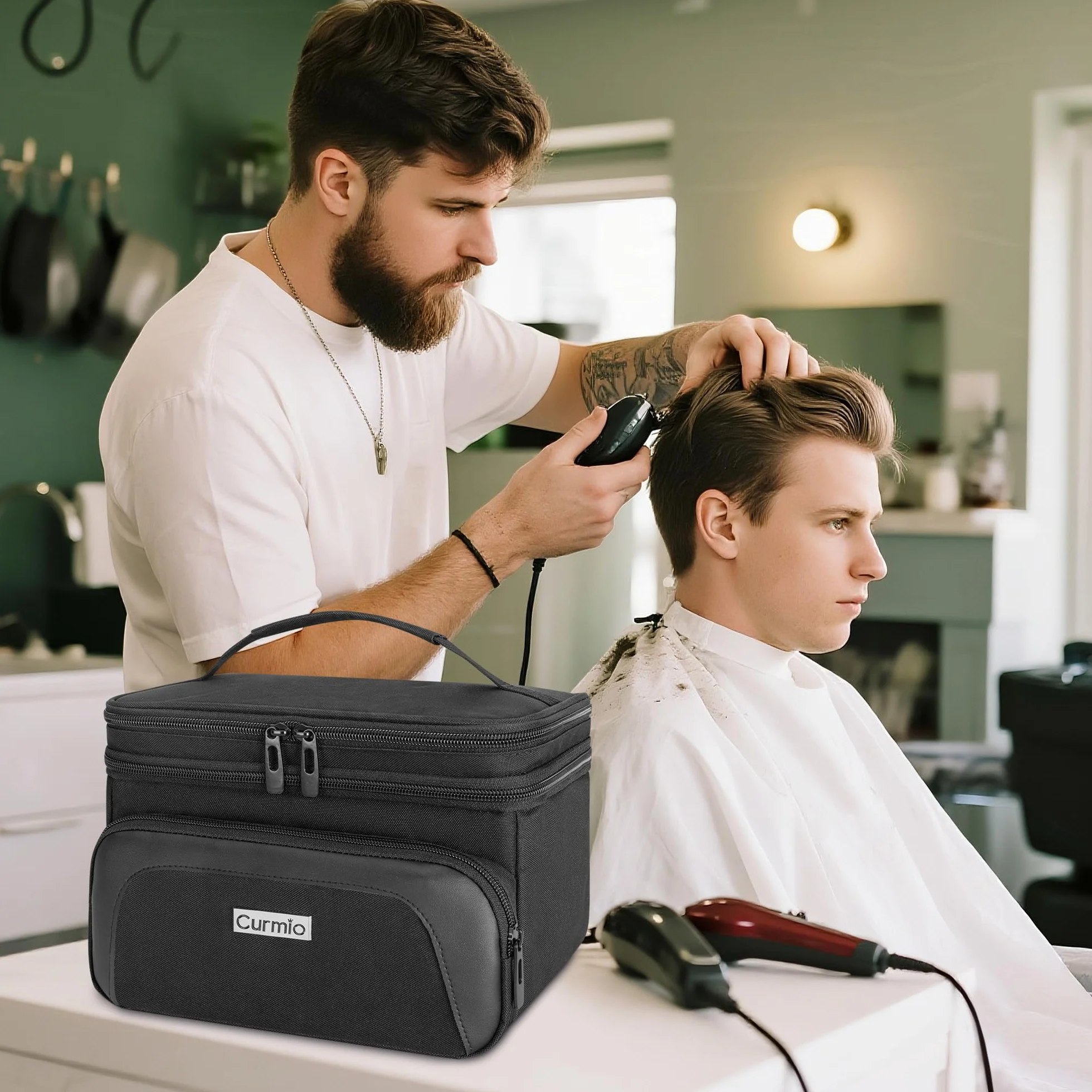 CURMIO Maletín Profesional 2 Niveles para Cortapelos, Organizador Portátil Compatible con Hatteker/Wahl/Oster/Andis Máquinas y Accesorios Barbería, Solo Bolsa, Negro