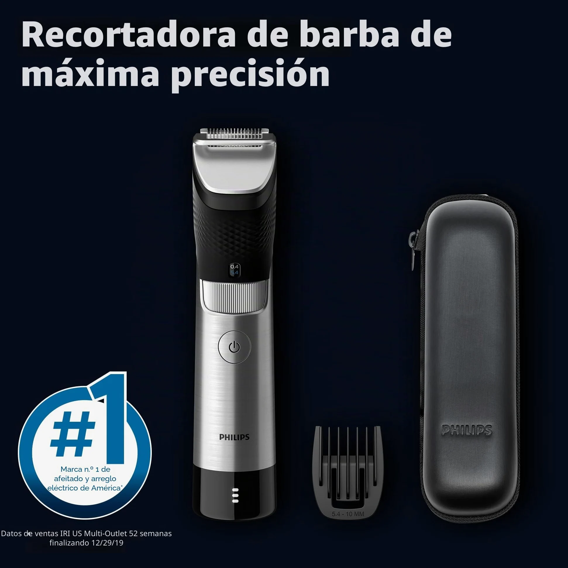 Norelco Philips Series 9000, recortadora de barba y pelo de máxima precisión con tecnología Beard Sense para un corte uniforme, BT9810/40