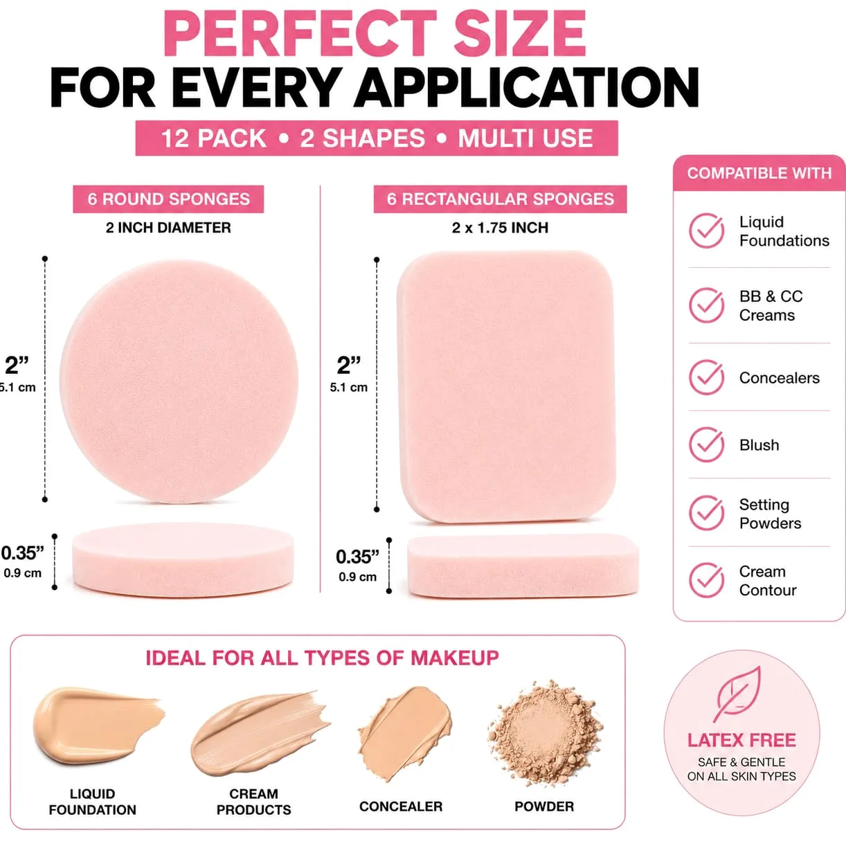 Blender Esponjas de maquillaje para belleza – Mezcla sin látex para cobertura completa en polvo, crema, cosméticos líquidos, de larga duración, desechables aplicadores de espuma – Paquete de 12