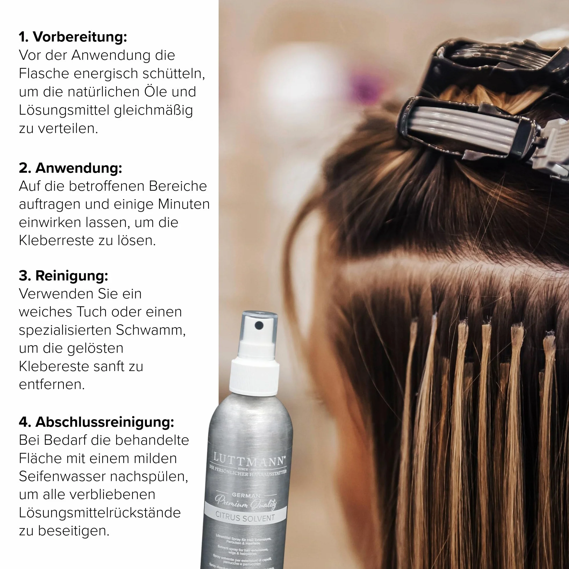 Solvente para Citrus – Limpiador y disolvente para extensiones, pelucas y postizos, fabricado en Alemania