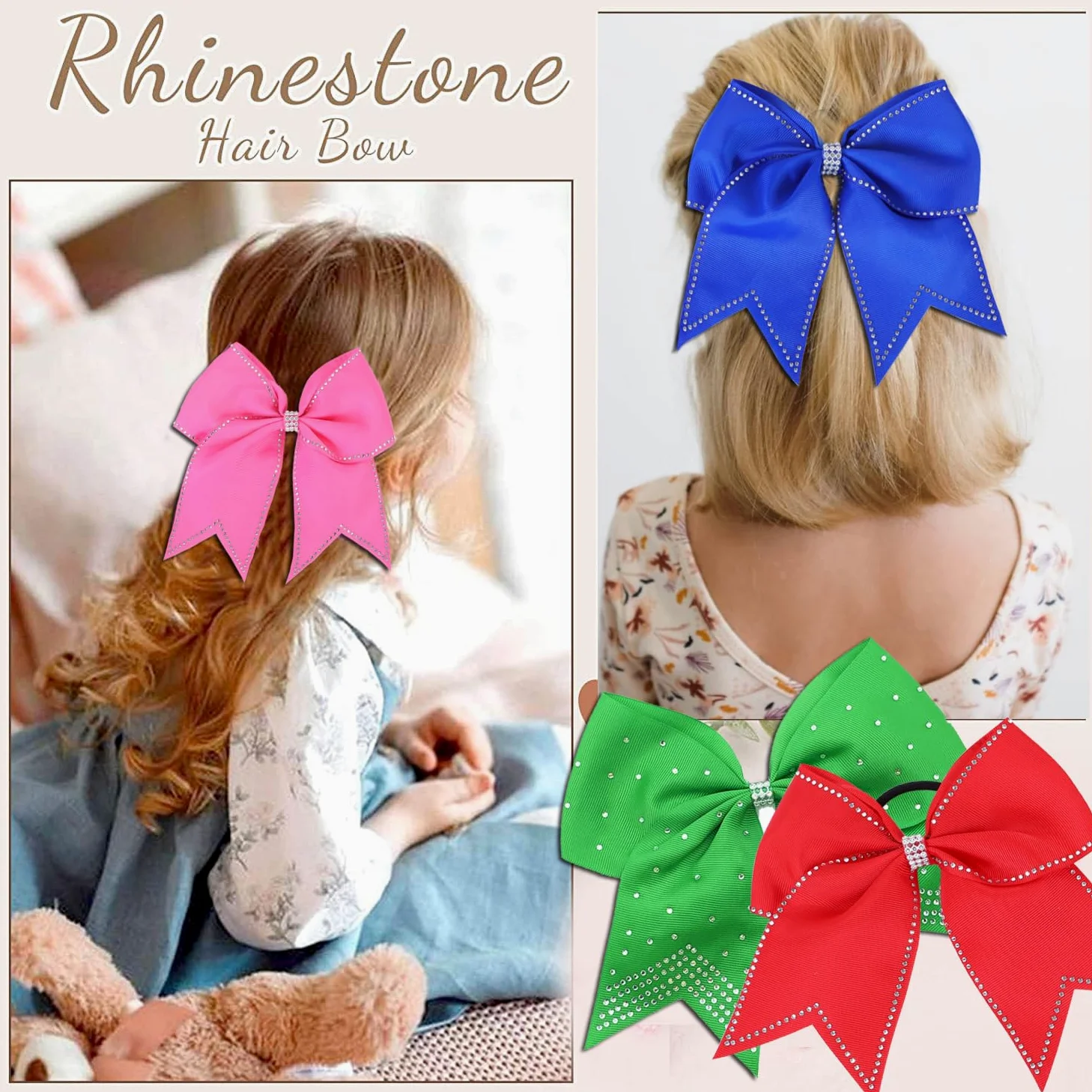 Lazos grandes con diamantes de imitación para el pelo, 12 lazos de animación con purpurina de 17,78 cm, soporte para cola de caballo para niñas, moños para animadoras, competiciones