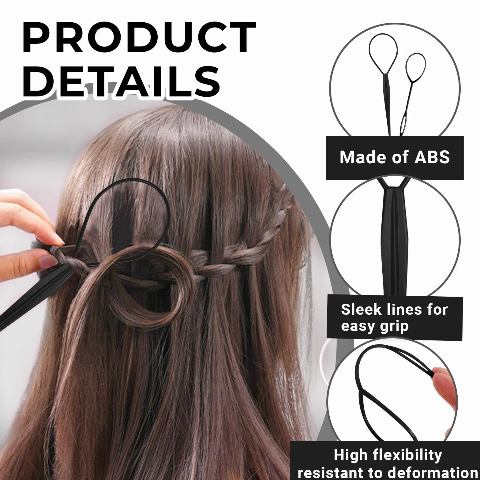 Set de Peinado: 3 Piezas Aguja para Cabello, Peines de Cola, Pasadores para Trenza Plana, Negro