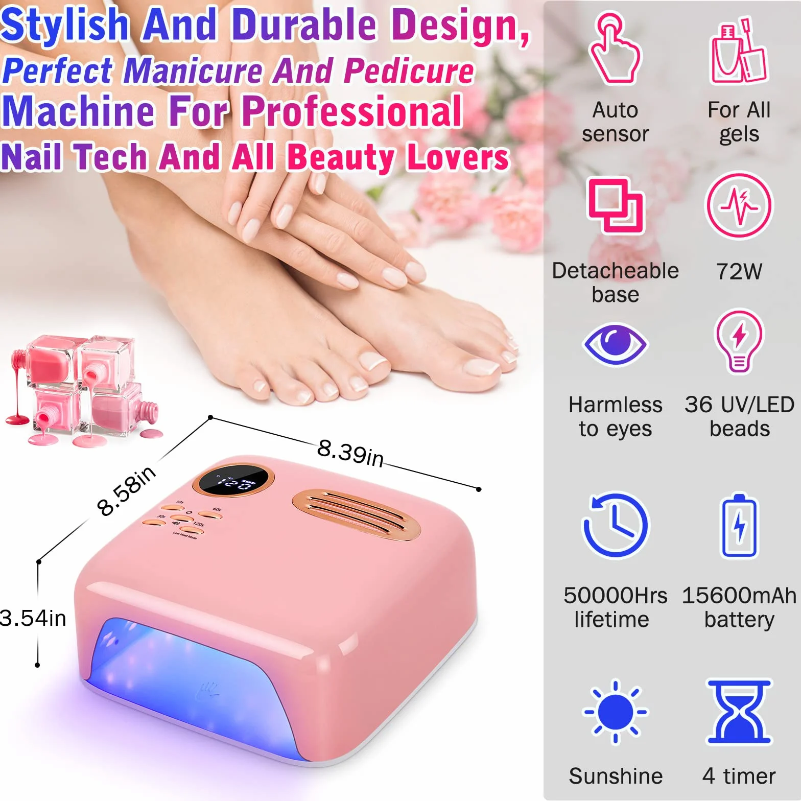Lámpara de uñas LED UV inalámbrica - Secador de uñas profesional de 72 W con 36 cuentas UV/LED, batería recargable de 15600 mAh, 4 temporizadores, sensor automático, luz de curado de esmalte