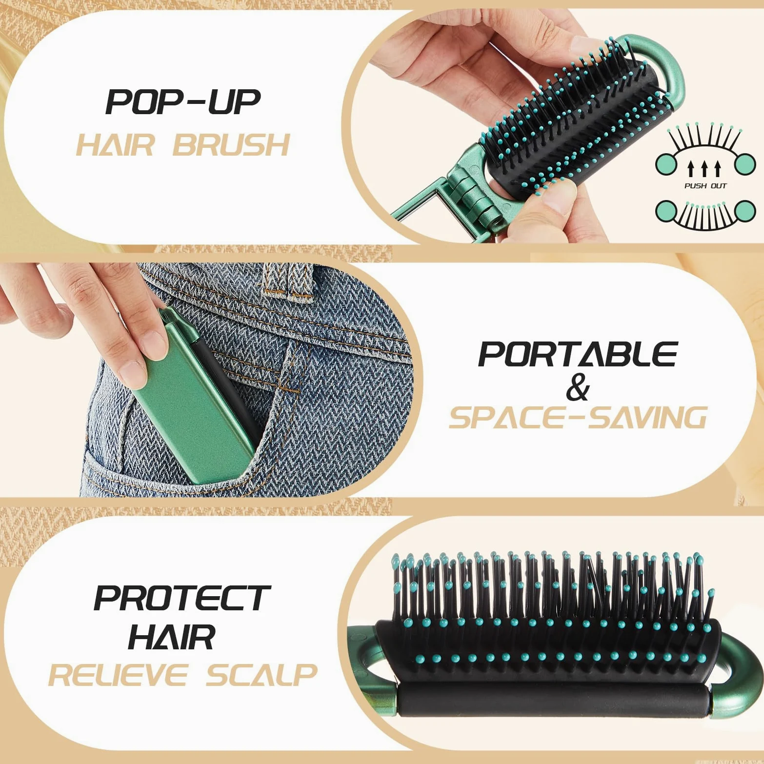 Uiifan 50 cepillos de viaje compactos portátiles plegables con espejo tamaño de bolsillo mini cepillo de pelo para hombres y mujeres, herramientas de peinado para el cabello, bolso, coche, gimnasio,