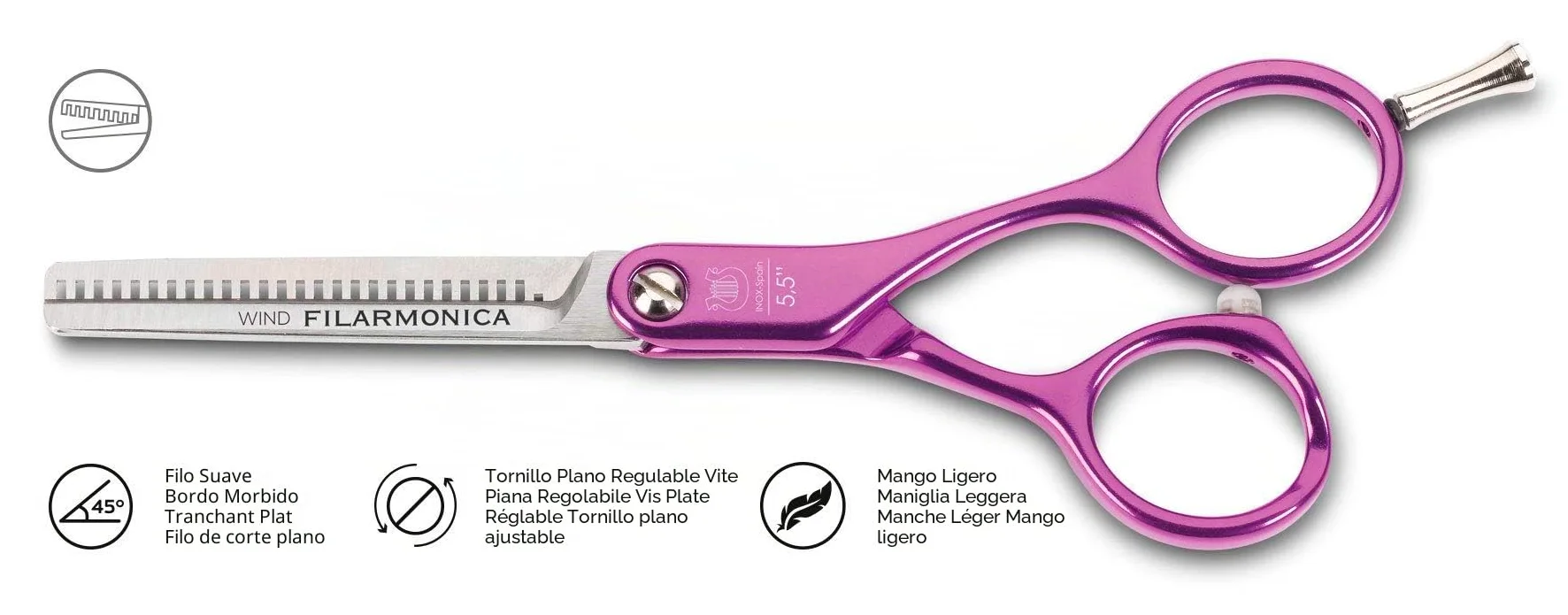 FILARMONICA 28040 Tijera de Esculpir Peluquería Profesional Alta Dureza del Filo, de Acero Inoxidable y Mangos de Aluminio Muy Ligera con Tornillo Regulable para Salón Belleza (28 Dientes), Wind, 5.5"