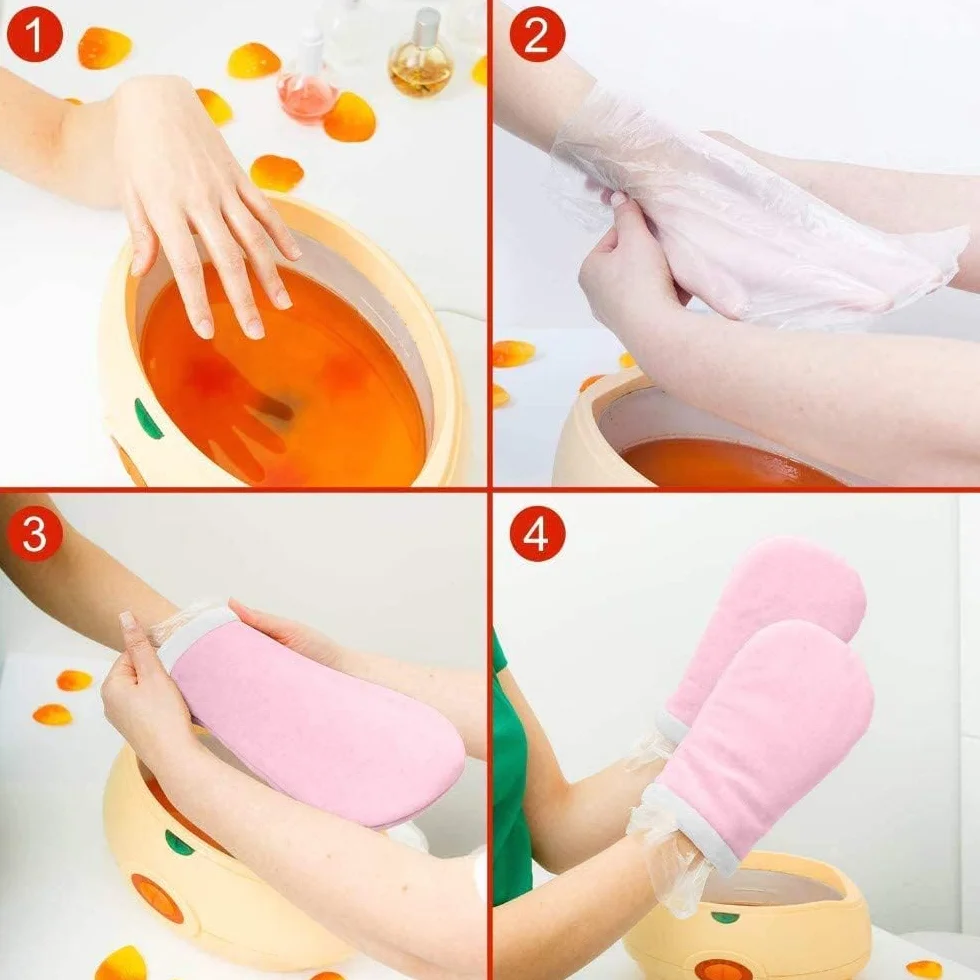 Calentador de parafina 900G para manos y pies, tratamiento dolor muscular, baño de parafina con botines, rosa