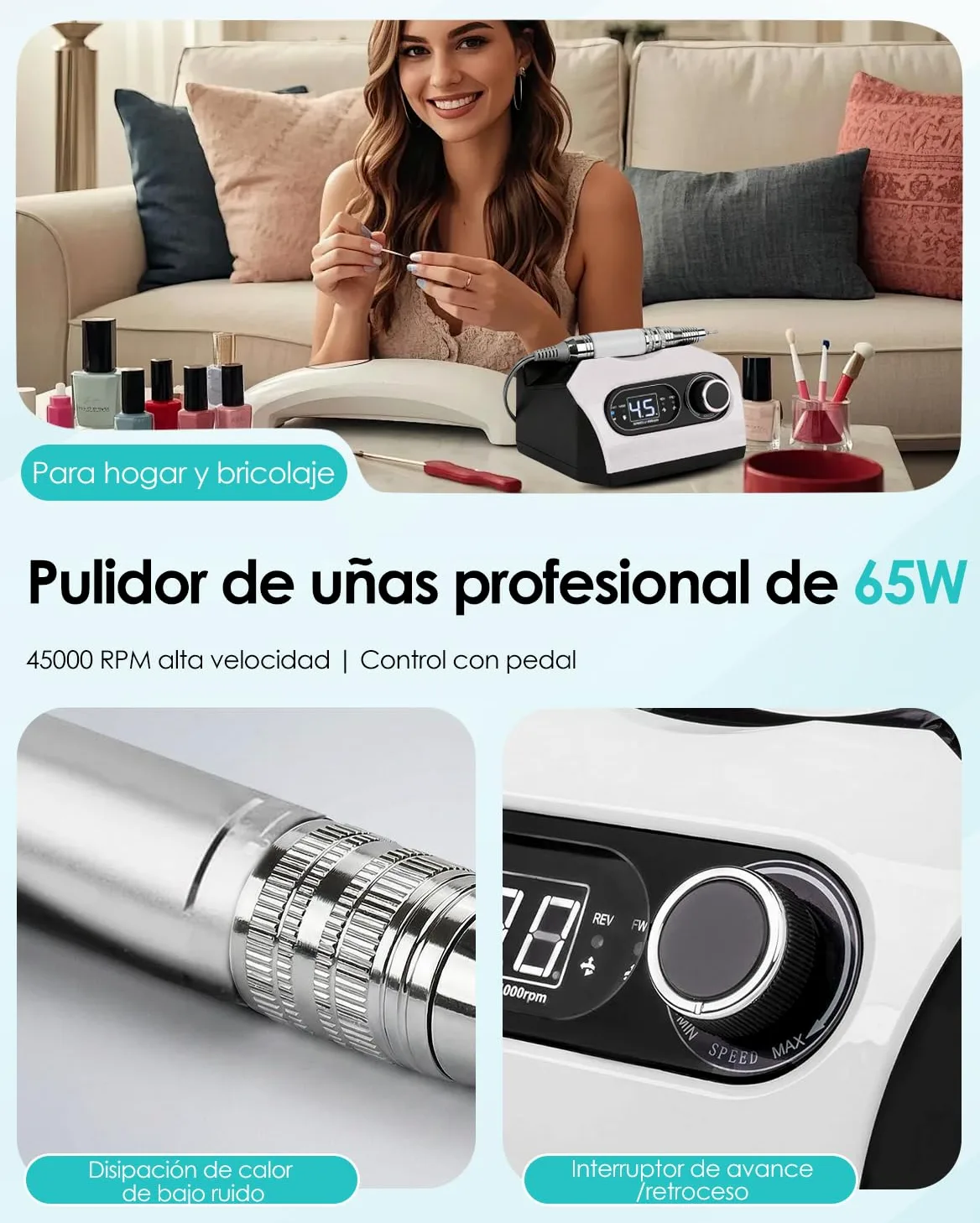CozyZen Lima Eléctrica de Uñas Profesional 35000 RPM con Pedal | Máquina de Lijado de Uñas Enchufable con Pantalla LED, Control de Velocidad, 6 Fresas para Acrílico, Gel, Hogar y Salón
