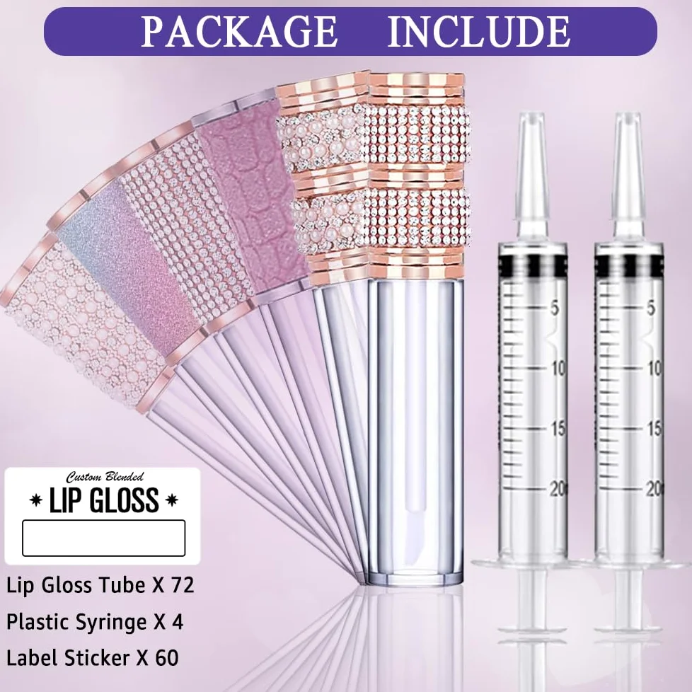 AMORIX Paquete de 72 tubos de brillo de labios de diamante de 5 ml con varita de 5 ml, recipientes vacíos de brillo de labios con diamantes de imitación, bonitas botellas de brillo de labios, kit de