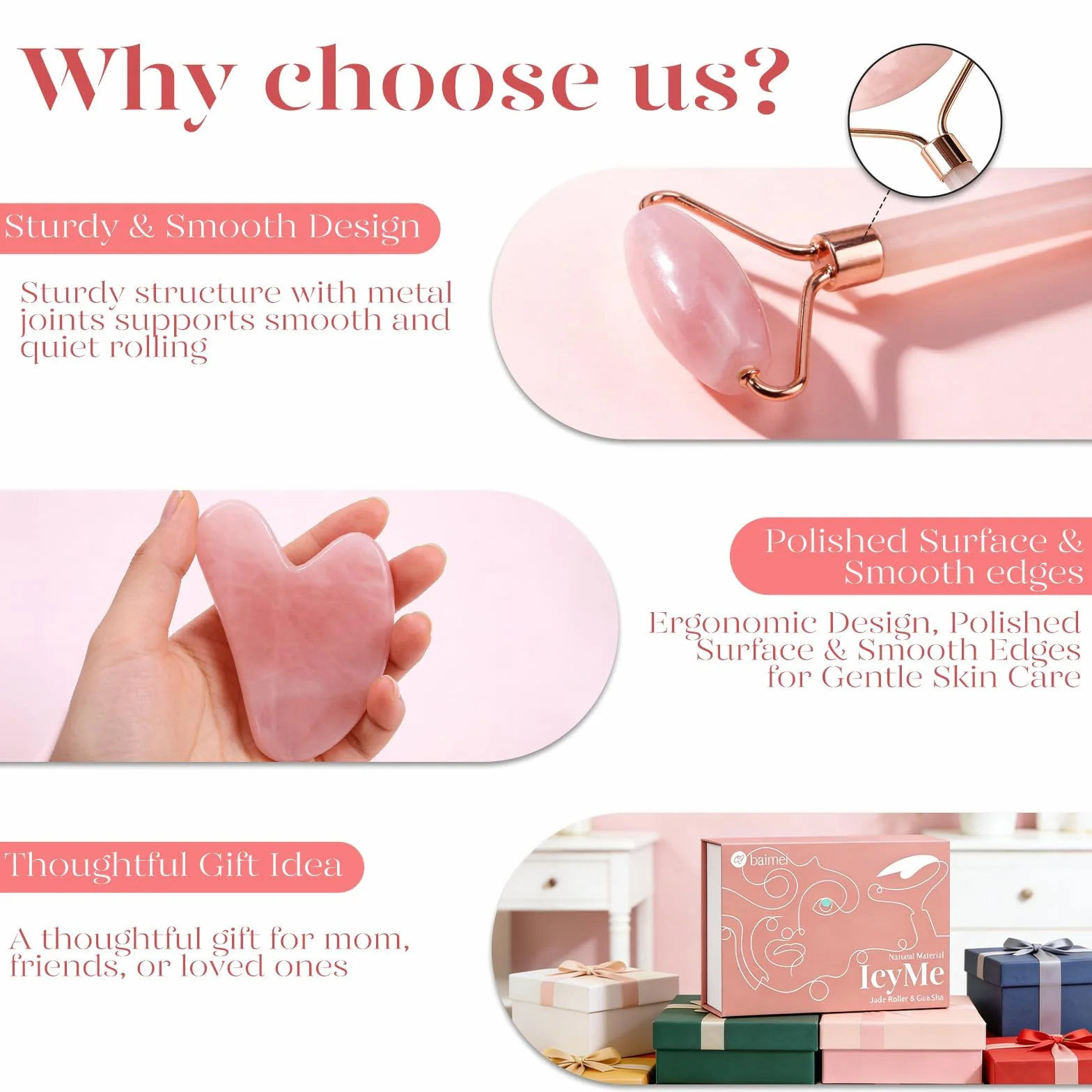 BAIMEI Gua Sha & Jade Roller, Cuarzo Rosa GuaSha, Masajeador Facial para Mujeres