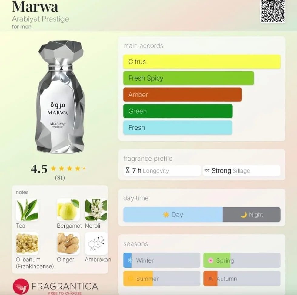 Arabiyat Prestige Marwa Eau de Parfum, 100 ml, color plata para hombre. Fabricado en los Emiratos Árabes Unidos.
