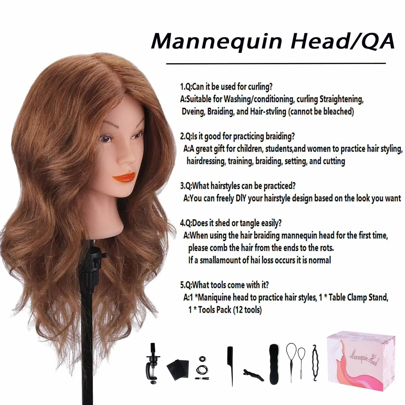 TopDirect 18" Cabeza de Maniquí Cabello Humano Real para Practicas Peluquería con Soporte de Mesa
