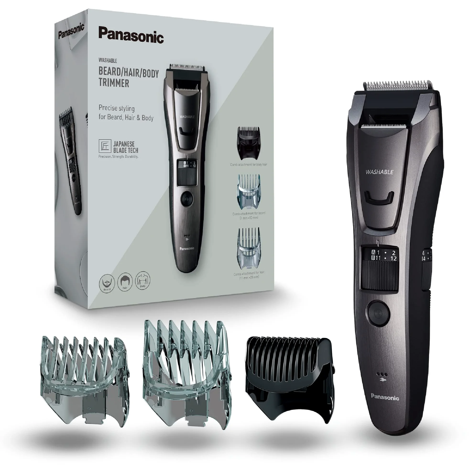 Panasonic ER-GB80-H503 Trimmer de Barba, Cabello y Cuerpo para Hombres, Afeitadora Portátil, 39 Configuraciones de Longitud, 3 Accesorios, Detallado, Operación Inalámbrica y con Cable, Plateada Oscura