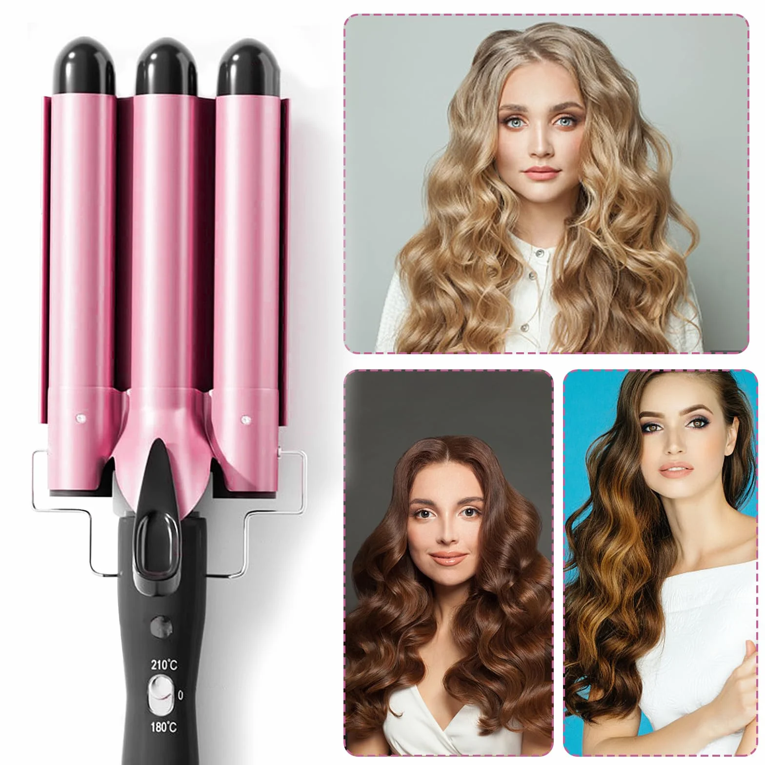 Rizador de Pelo 3 Tubos 22mm Ajustable 180℃/210℃ Turmalina Cerámica con 2 Clips Guante Rosa