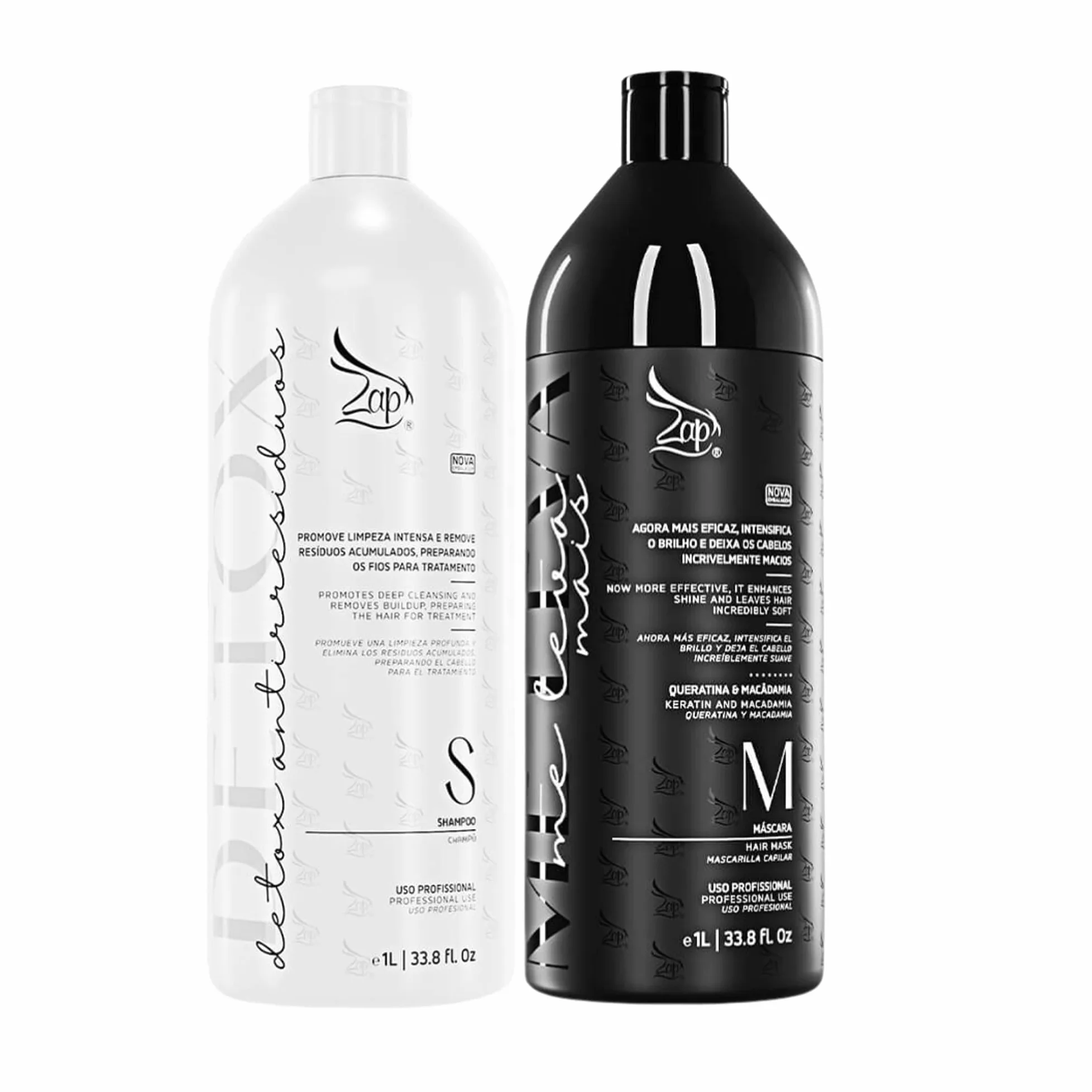 Zap Cosmetics | Kit Me Leva Black & Detox | Tratamiento brasileño de queratina | (2 piezas) 1000 ml