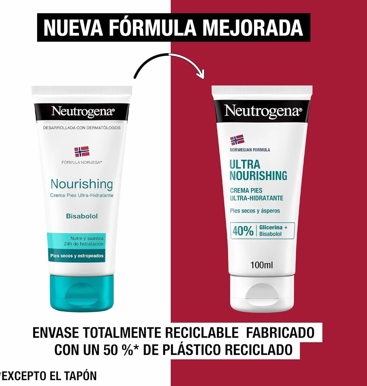 Neutrogena Fórmula Noruega Crema de Pies Ultra Hidratante 100 ml con 40% Glicerina y Bisabolol