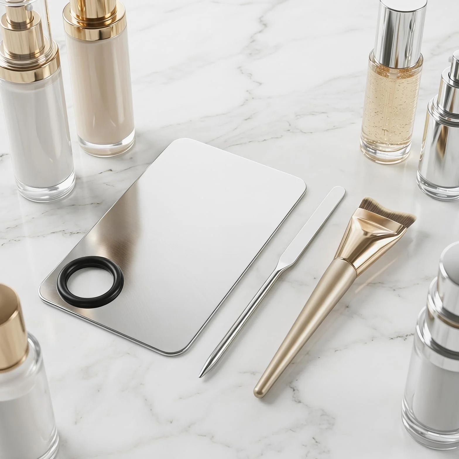 Set de 3 Piezas Paleta de Maquillaje de Acero Inoxidable con Espátula y Brocha