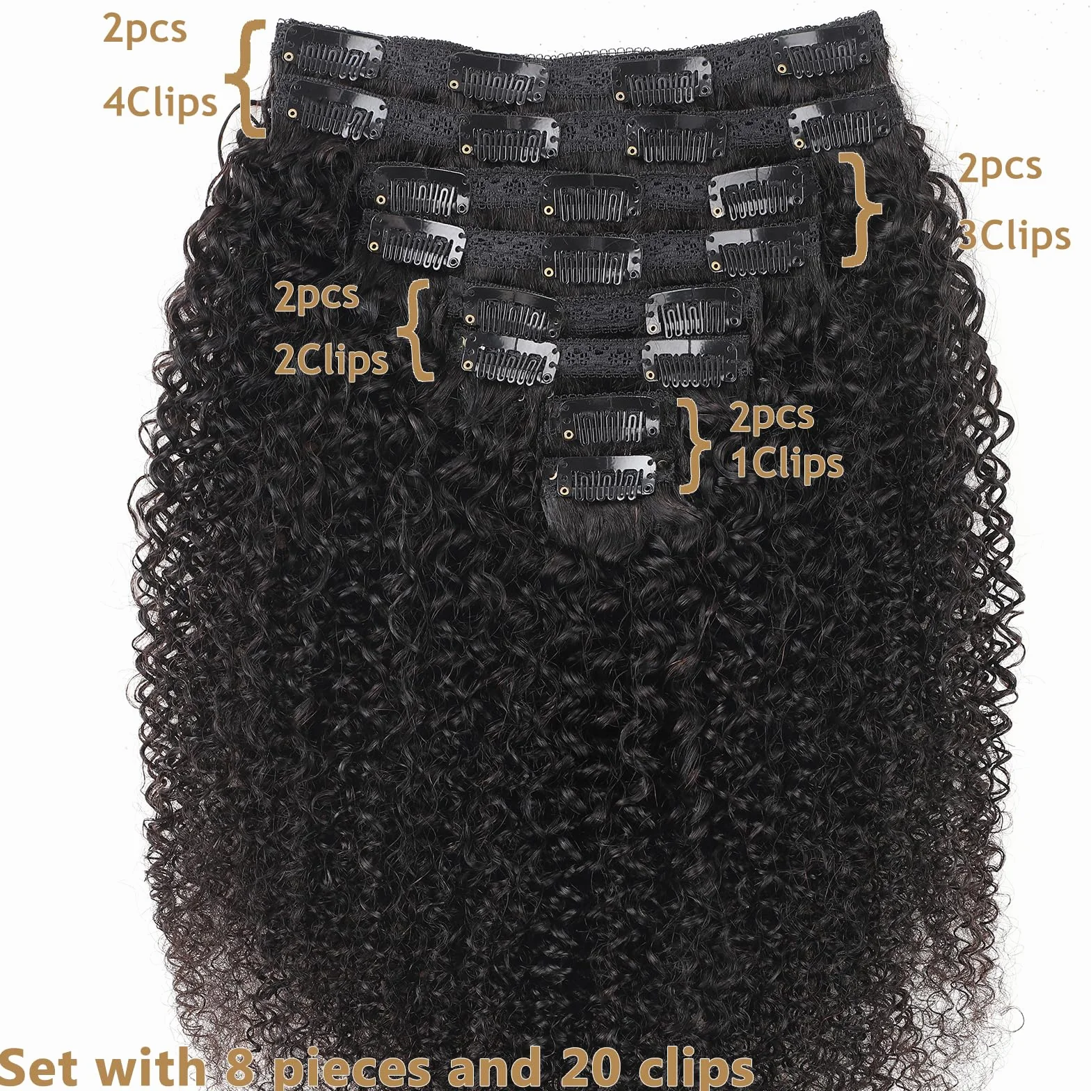 Kinky Curly Extensiones de Pelo Natural 8 Piezas 120g Clip In Invisibles Cabello Humano Negro Natural 10 Pulgadas
