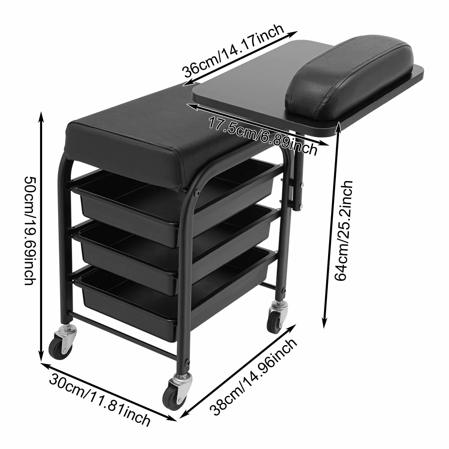 Silla de manicura con carrito extensible 3 cajones 360° soporta 75 kg negro