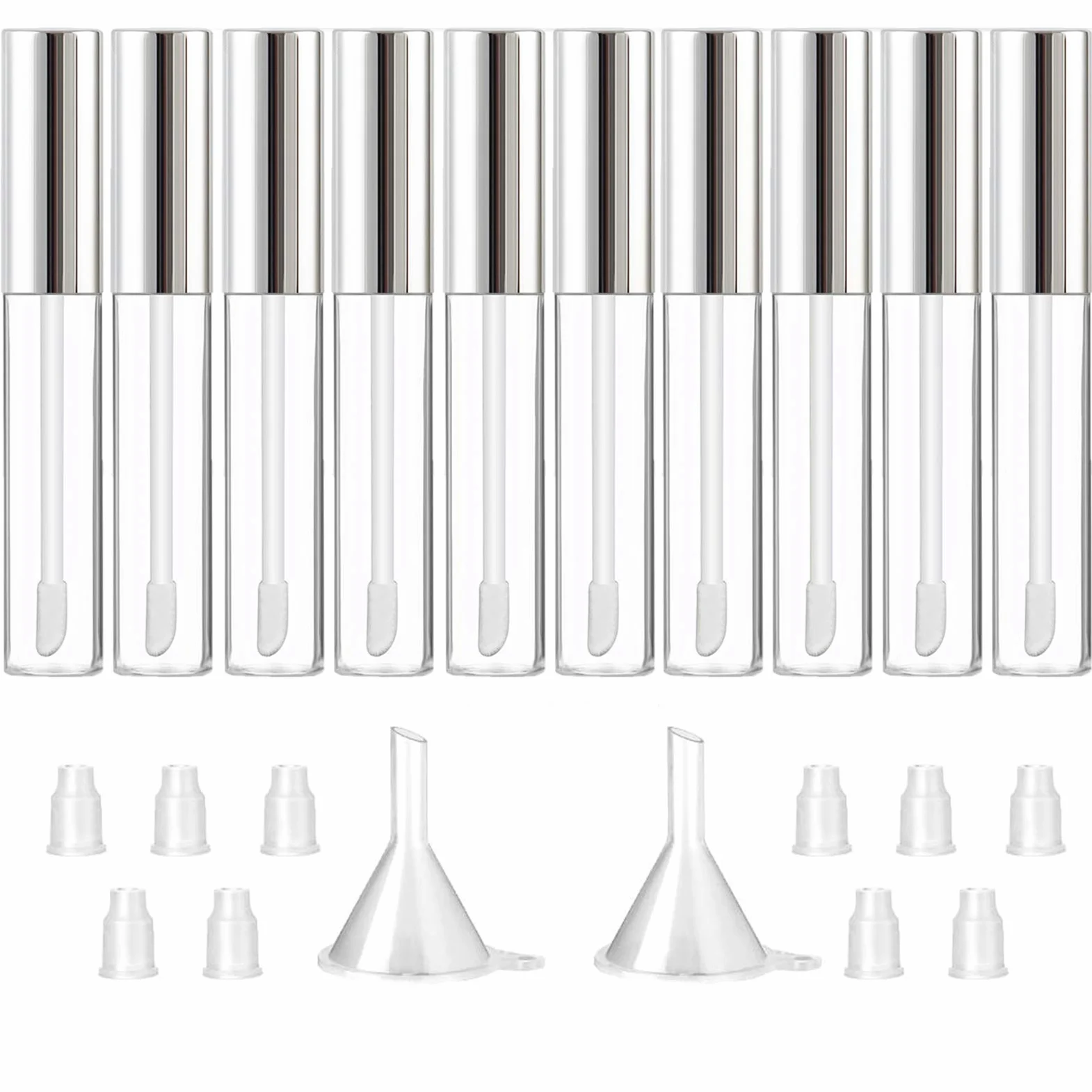 GTHERGTHER 10 contenedores vacíos de brillo de labios, 10 ml, tapa negra, aplicador, varita y embudo y tapones de goma para maquillaje de labios, rellenables., , , Plateado,, ]