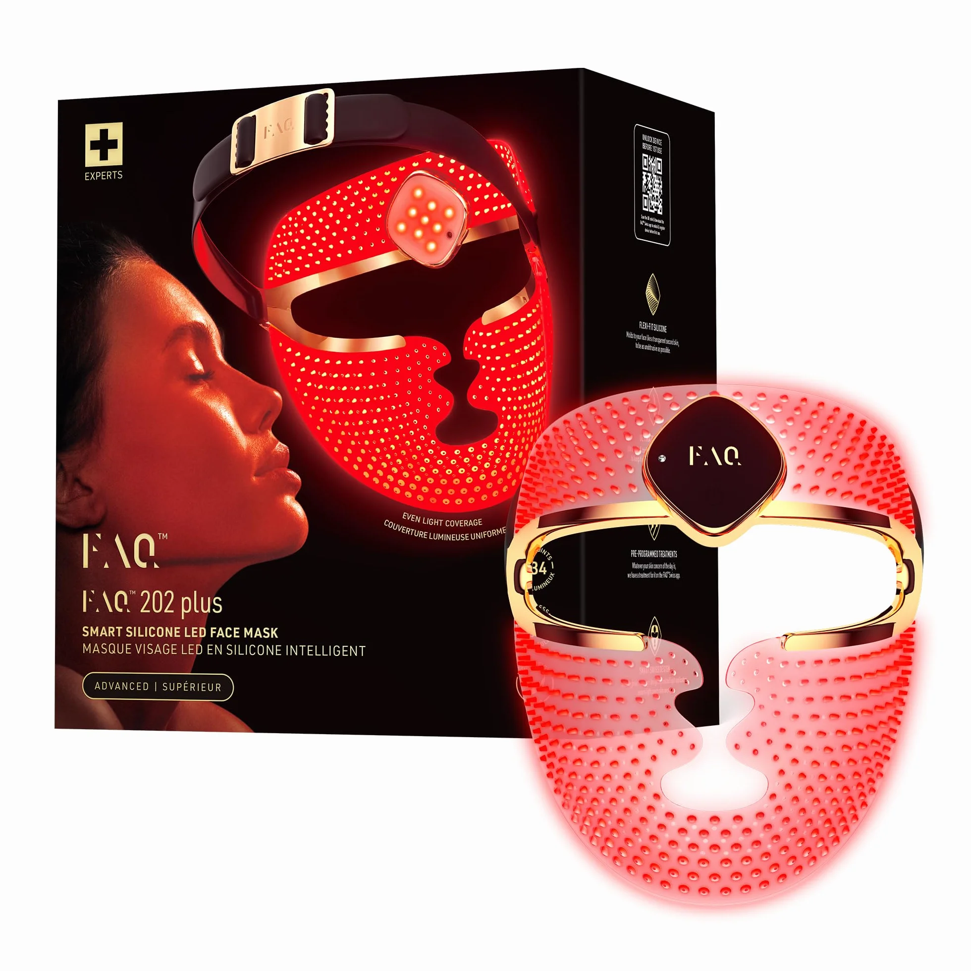 FAQ 202 Plus Mascara LED Facial Antiedad Avanzada de 8 Colores – Luz Roja e Infrarroja Cercana – Máscara Inalámbrica con 634 Puntos de Luz para Luminosidad, Firmeza y Cuidado Facial Completo