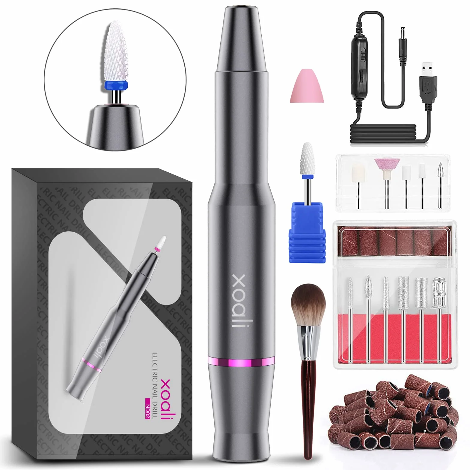 Xoali Torno para Uñas 25000RPM Profesional 12 en 1, Lima Eléctrica USB con Brocas de Cerámica, Velocidad Ajustable