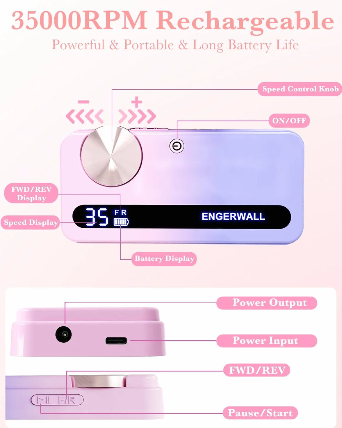 Torno para Uñas Profesional 35000 RPM, Lima Eléctrica Inalámbrica Recargable para Uñas de Gel y Acrílico, Pantalla LCD, Kit de Manicura y Pedicura con 7 Brocas y 56 Bandas, Rosa-Azul