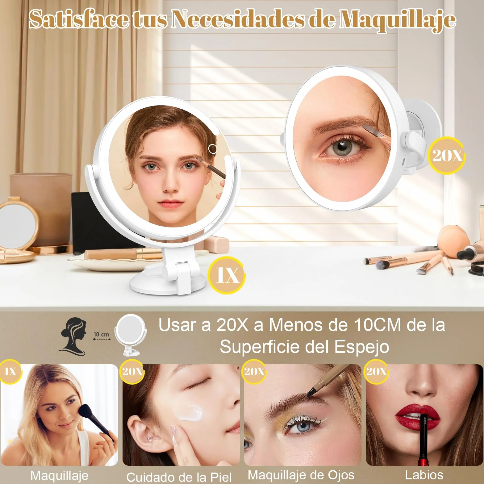 Espejo de Maquillaje Luminoso con Ventosa Potente, 20 Aumentos, Ajustable en Intensidad y Altura 25 cm