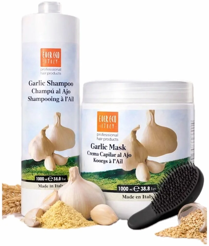 Kit Capilar de Ajo 3 Piezas Champú Mascarilla Cepillo Tratamiento Anticaída Fortalecedor